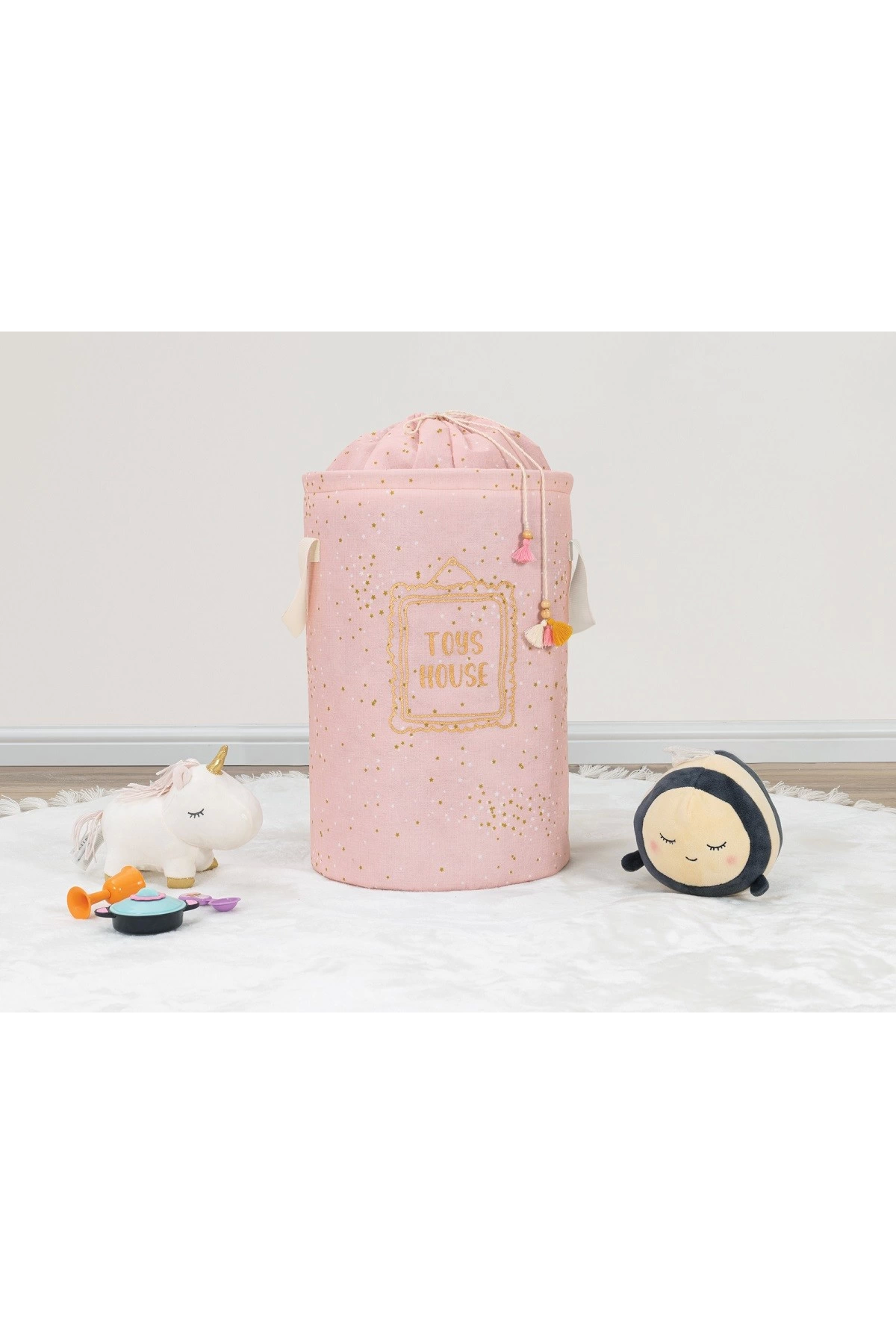Baby Kullanımı Kolay Desenli Taşınabilir Torbalı Yuvarlak Sepet(pembe) Çamaşır Sepeti 04270 ( Lisinya )