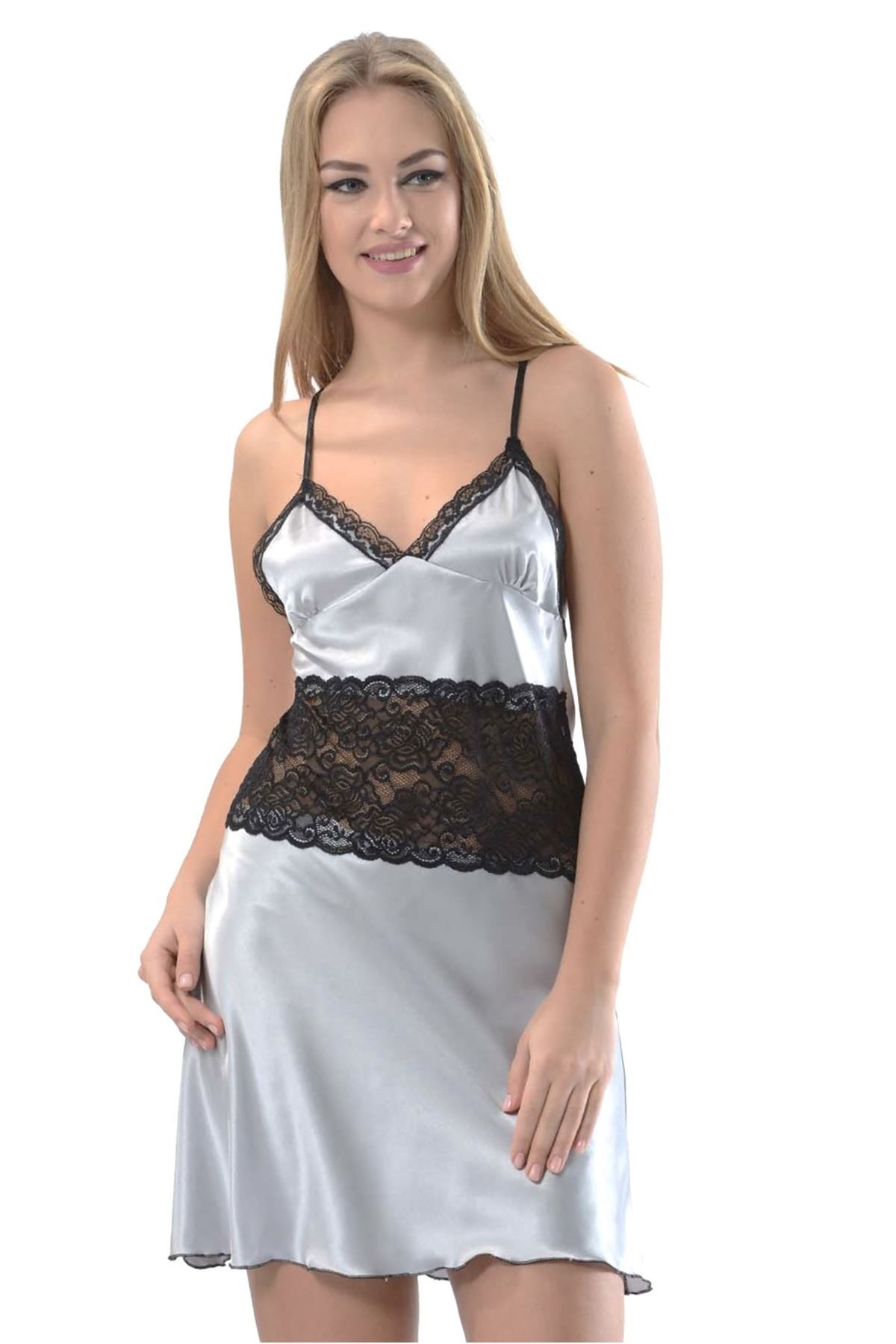 Gri Dantelli Saten Gecelik Gri Dantelli Saten Gecelik