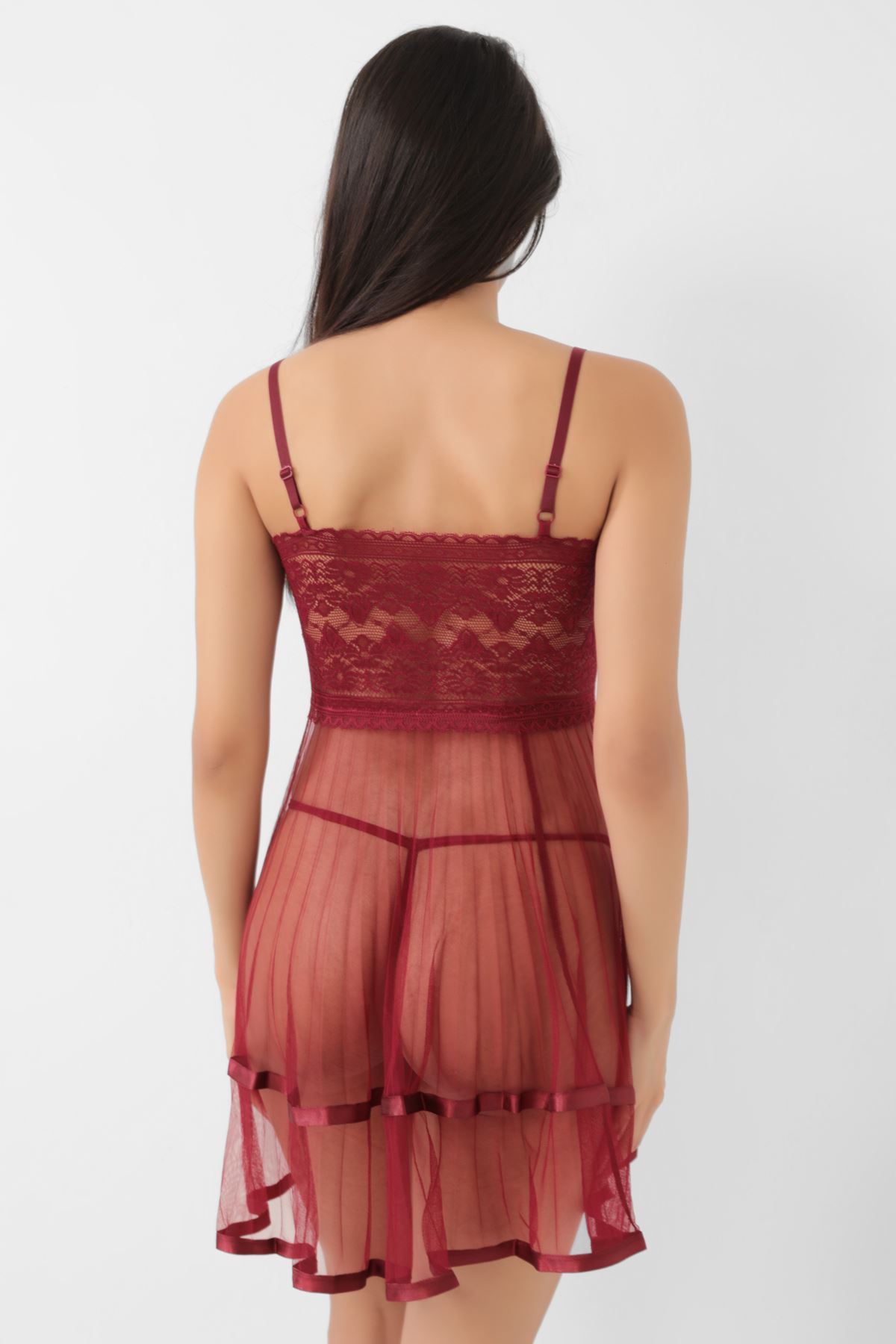 Bordo Şifon Pileli Gecelik-835 Bordo Şifon Pileli Gecelik-835