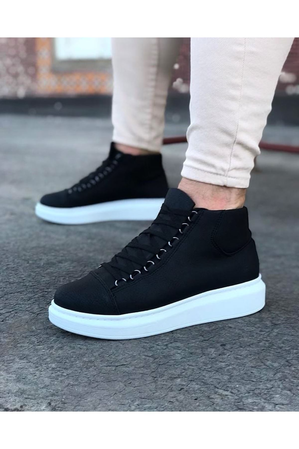 Lisinya947 CZ032 Siyah Bağcıklı Sneakers  Yarım Bilek Bot