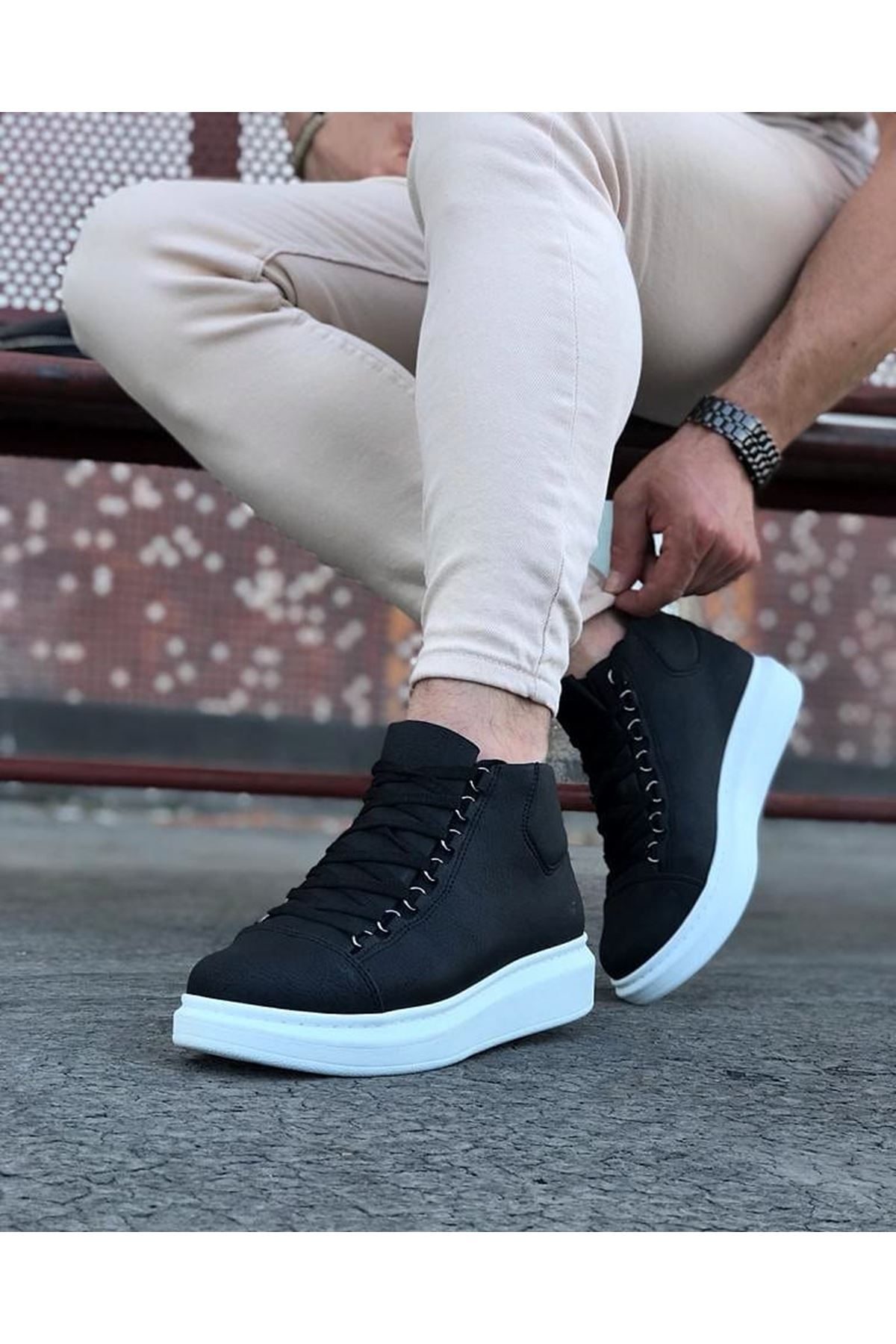 Lisinya947 CZ032 Siyah Bağcıklı Sneakers  Yarım Bilek Bot