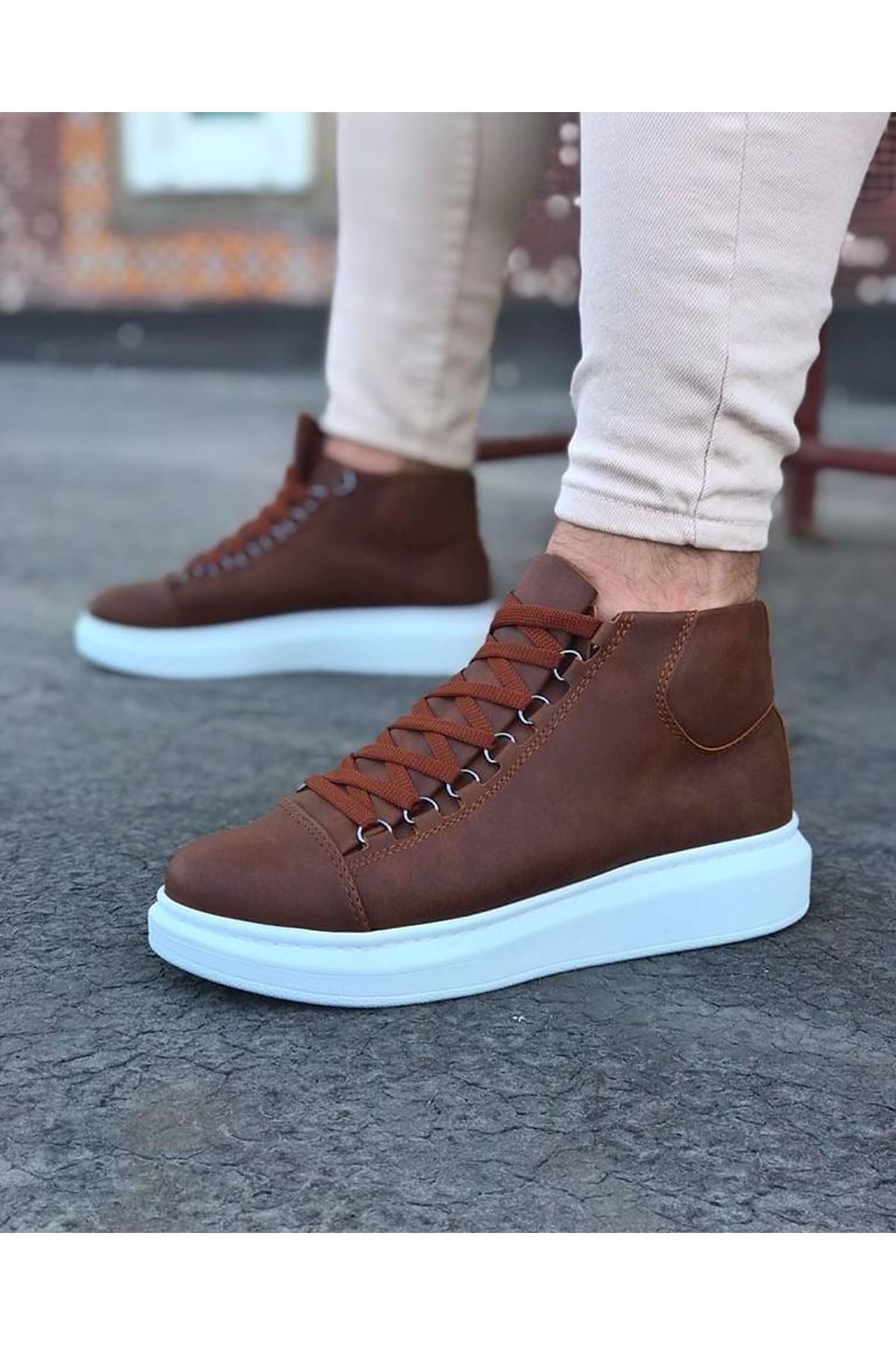 Lisinya947 CZ032 Taba Bağcıklı Sneakers  Yarım Bilek Bot