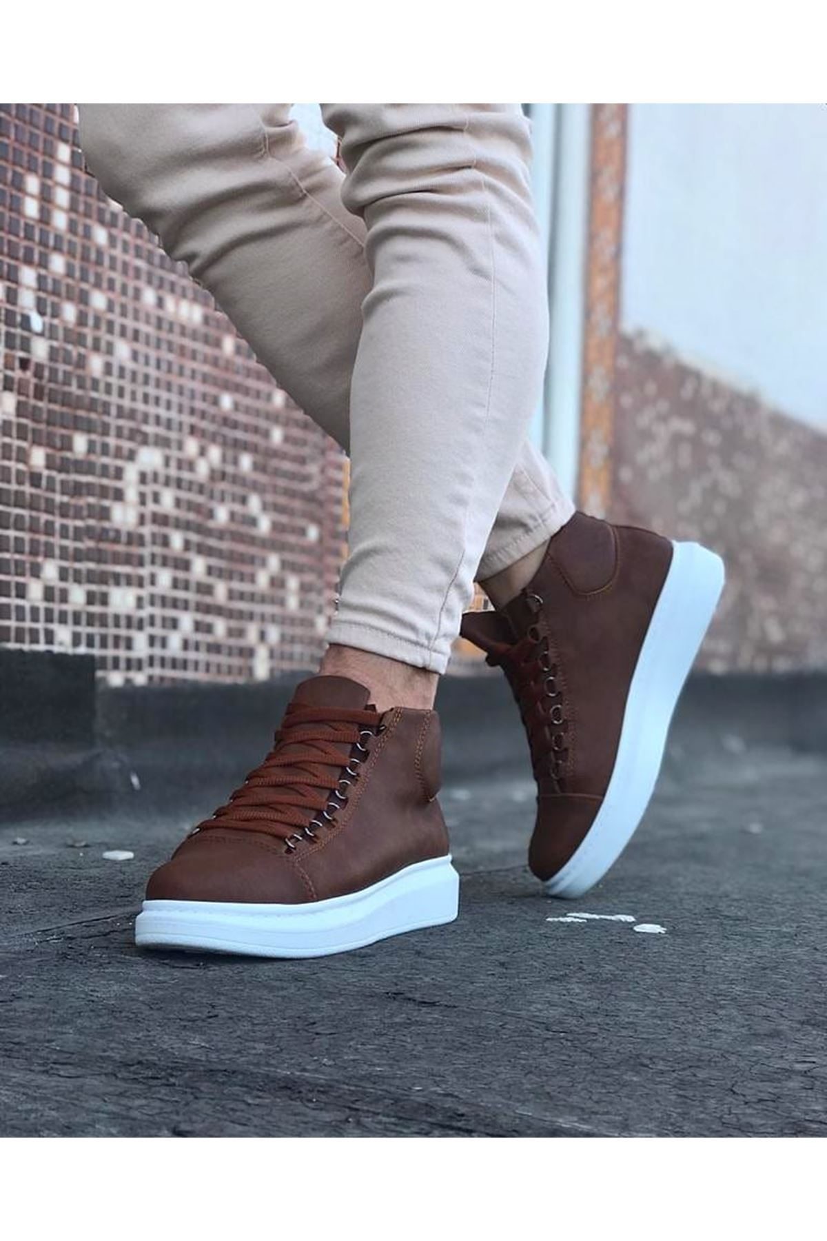 Lisinya947 CZ032 Taba Bağcıklı Sneakers  Yarım Bilek Bot