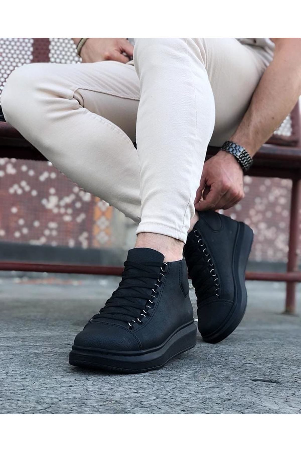 Lisinya947 CZ032 Kömür Bağcıklı Sneakers  Yarım Bilek Bot
