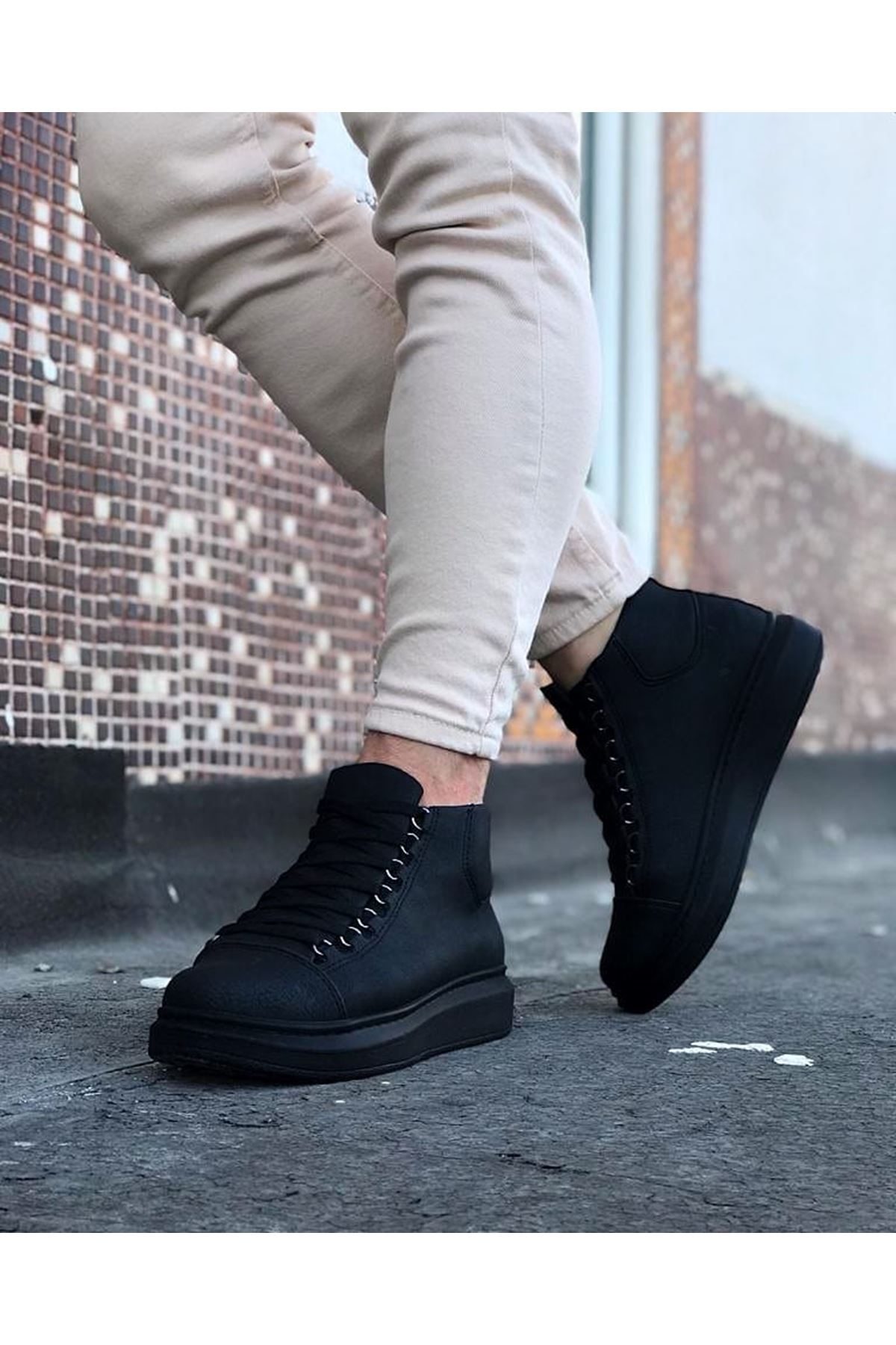 Lisinya947 CZ032 Kömür Bağcıklı Sneakers  Yarım Bilek Bot