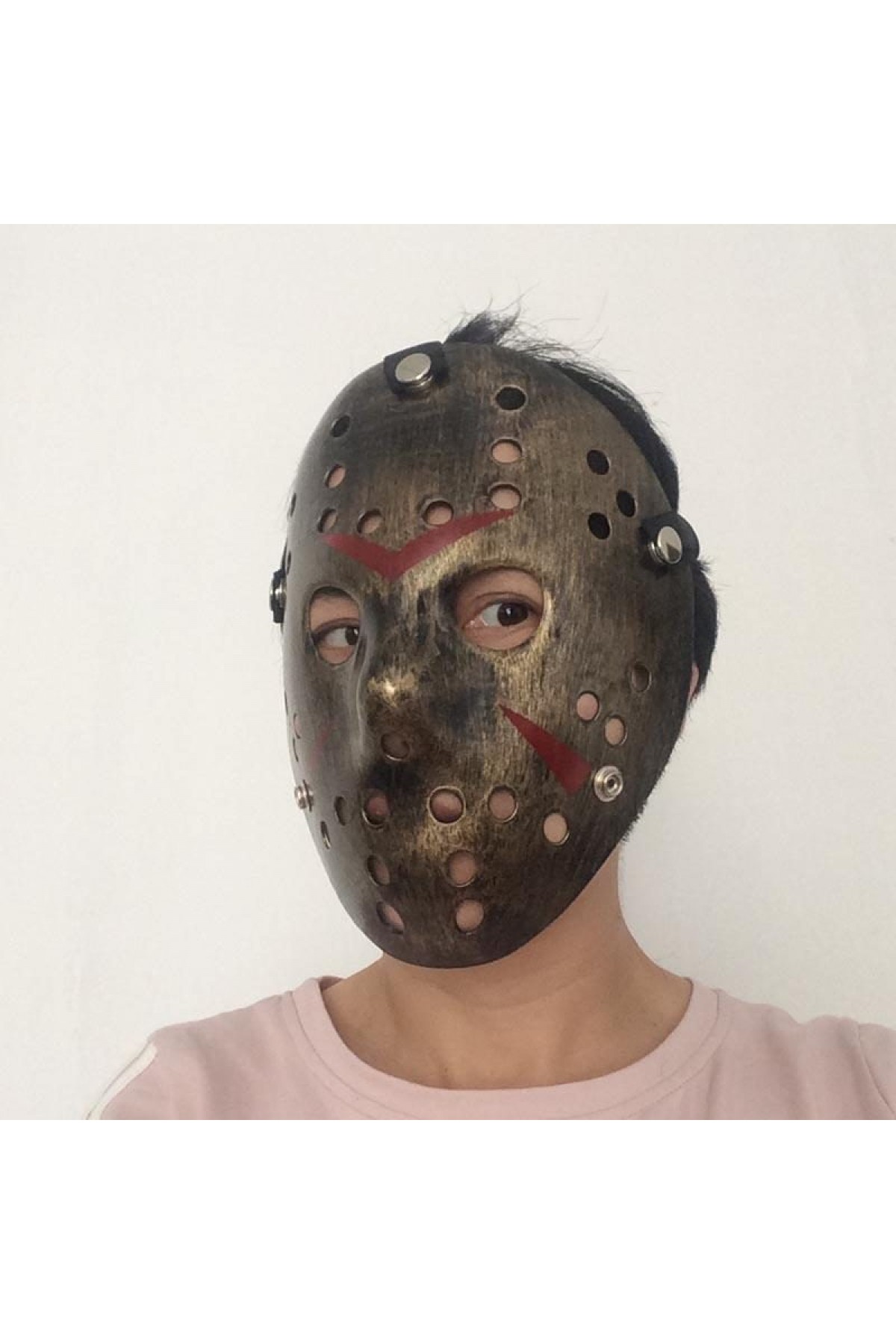 Bakır Renk Kırmızı Çizgili Tam Yüz Hokey Jason Maskesi Hannibal Maskesi (Lisinya)
