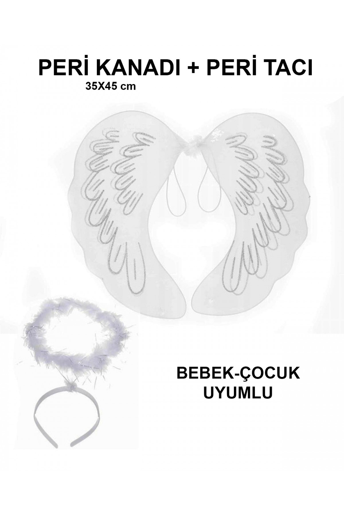 Beyaz Otrişli Dantel Tüllü Peri Kanadı ve Peri Tacı Seti 45x40 cm (Lisinya)