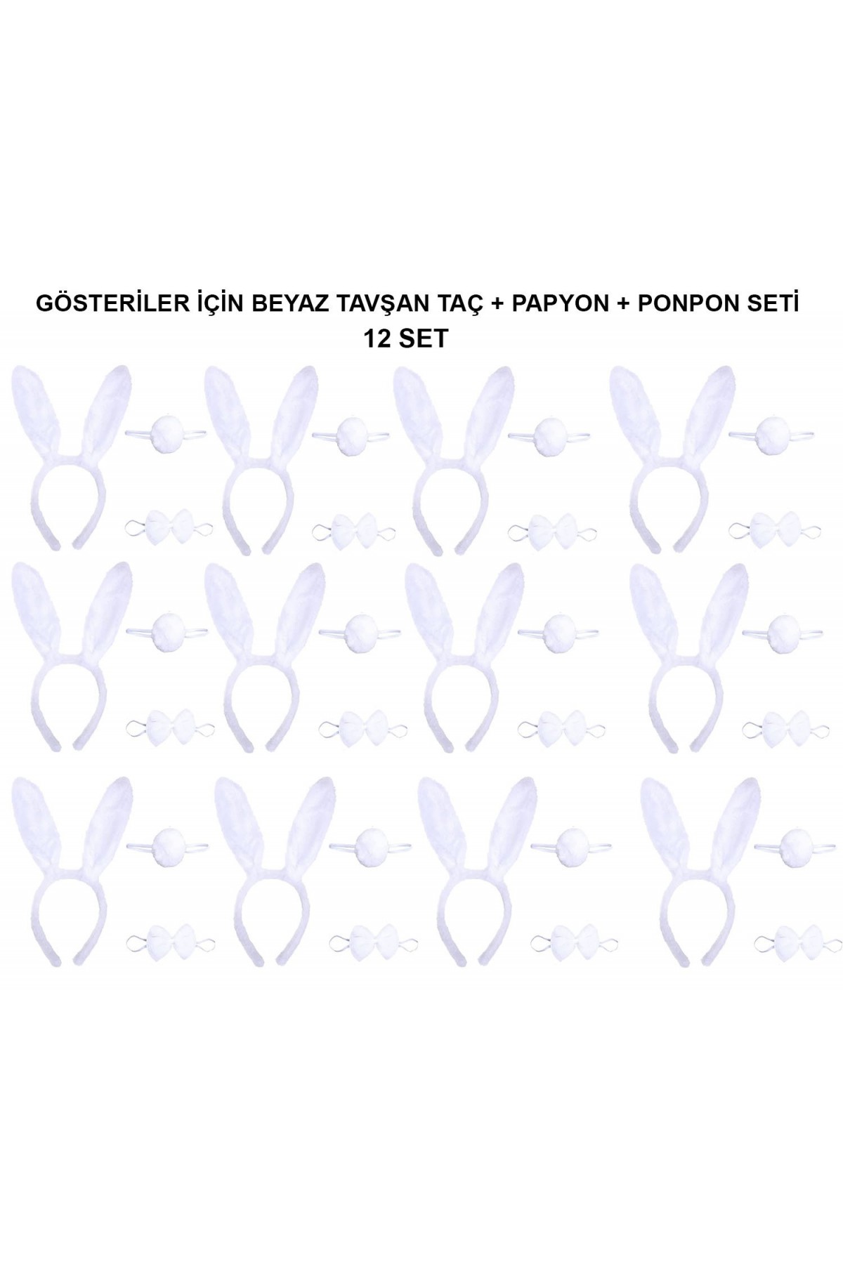 Beyaz Tavşan Kostüm Seti – Taç, Papyon, Kuyruk (12’li Paket) Beyaz Tavşan Kostüm Seti – Taç, Papyon, Kuyruk (12’li Paket)