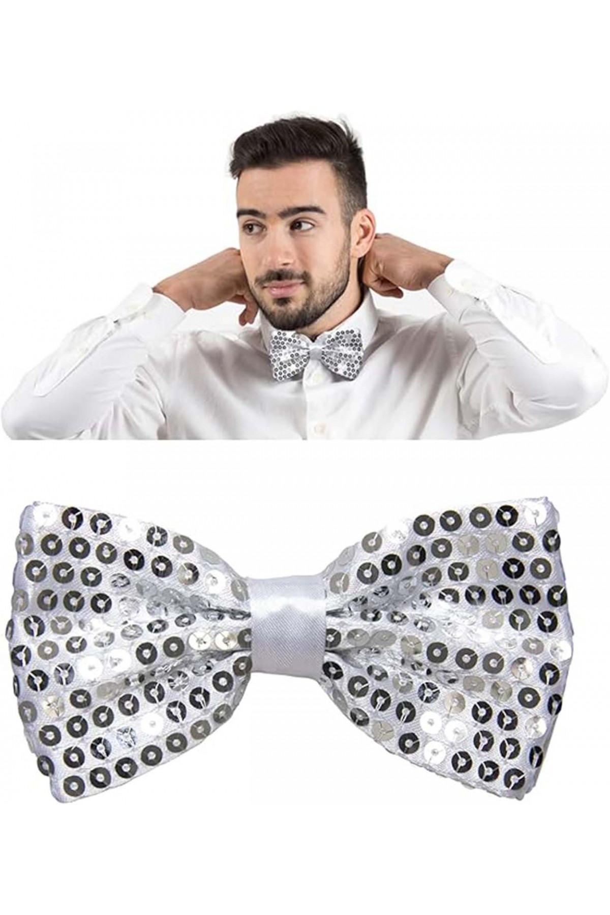 Gece Işıltısı Gümüş Payetli Pullu Papyon 7x2 cm Gece Işıltısı Gümüş Payetli Pullu Papyon 7x2 cm