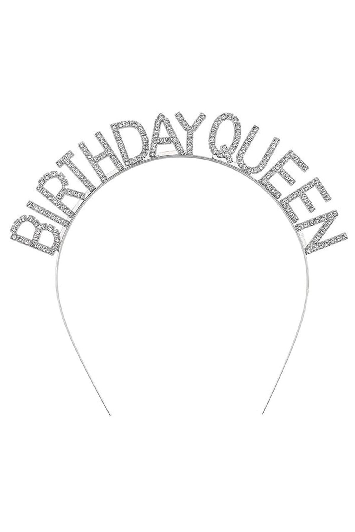 Gümüş Renk Kristal Taşlı Parlak Birthday Queen Yazılı Kraliçe Taç 16x17 cm (Lisinya)
