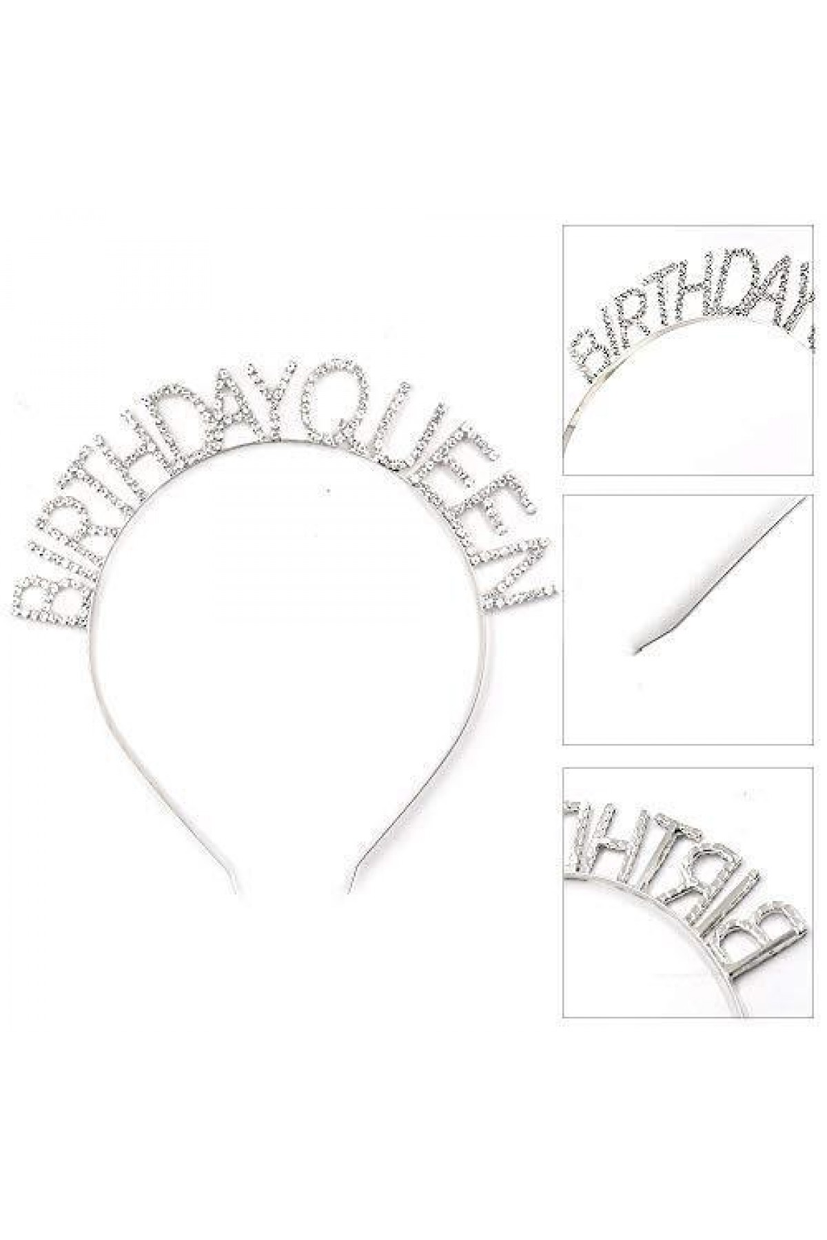 Gümüş Renk Kristal Taşlı Parlak Birthday Queen Yazılı Kraliçe Taç 16x17 cm (Lisinya)