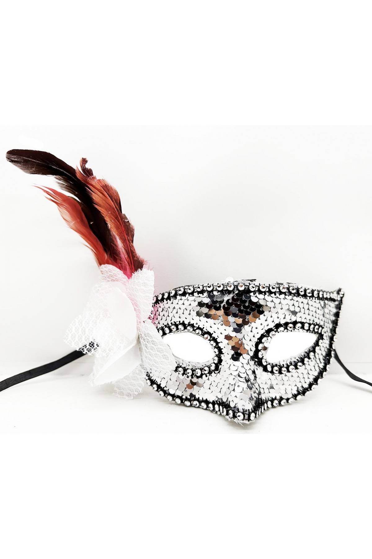 Gümüş Renk Yandan Tüylü Güllü Gümüş Taşlı Pullu Maske 20x22 cm (Lisinya)
