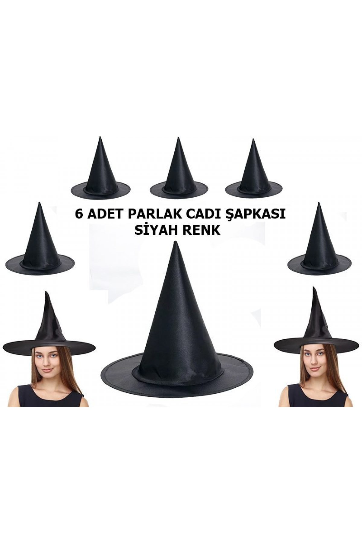 Halloween Siyah Renk Parlak Drn Cadı Şapkası Yetişkin ve Çocuk Uyumlu 6 Adet