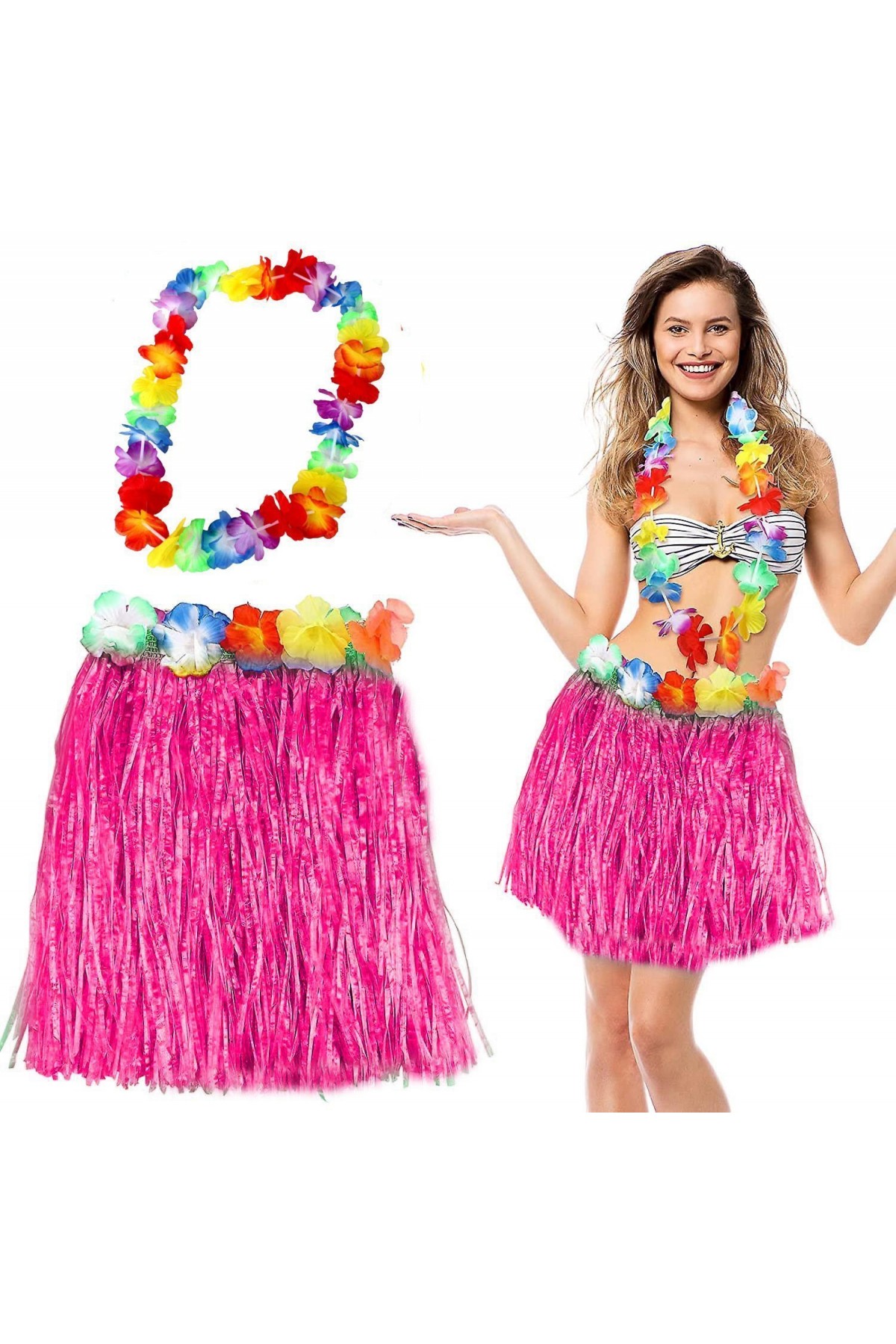 Hawaii Luau ha Pembe Püsküllü 40 cm Etek ve Hawaii Kolye Seti Hawaii Luau Aloha Pembe Püsküllü 40 cm Etek ve Hawaii Kolye Seti (Lisinya)