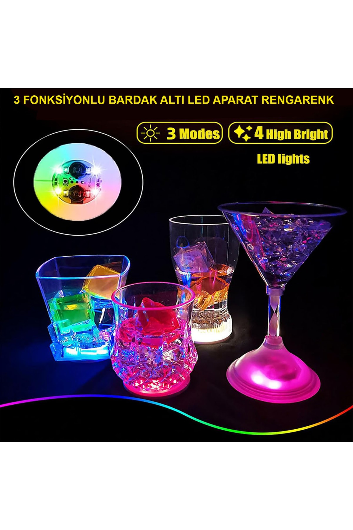 Işıklı Yapışkanlı Bardak Altı Aparatı Ledli 3 Fonksiyonlu 6 cm Çap