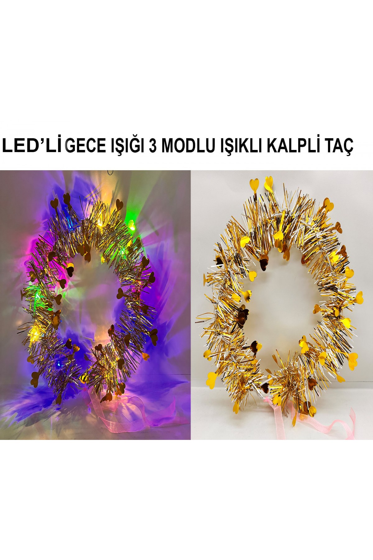 Kalp Püsküllü Gece Parıltısı 3 Modlu LED'li Işıklı Taç Altın Renk Kalp Püsküllü Gece Parıltısı 3 Modlu LED'li Işıklı Taç Altın Renk
