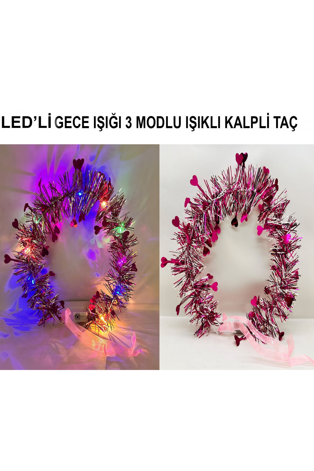 Kalp Püsküllü Gece Parıltısı 3 Modlu LED'li Işıklı Taç Fuşya Renk Kalp Püsküllü Gece Parıltısı 3 Modlu LED'li Işıklı Taç Fuşya Renk