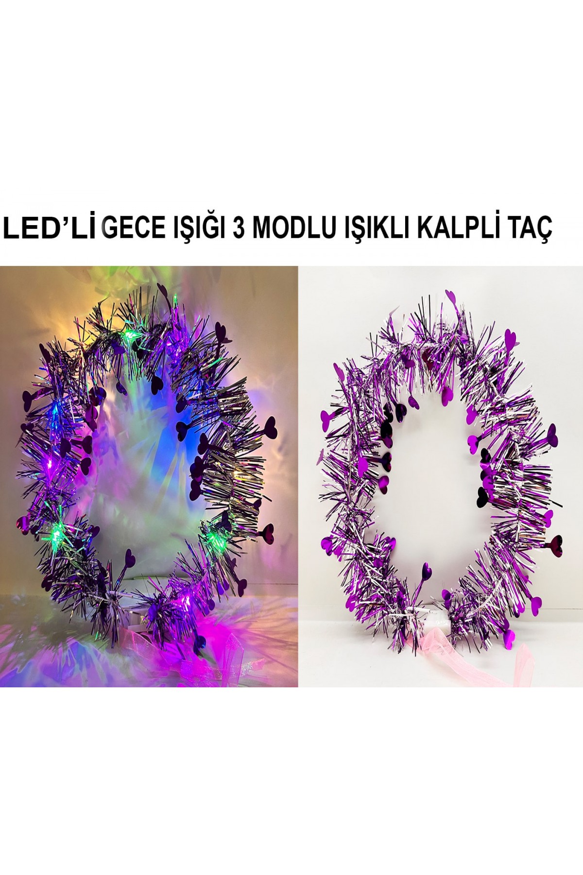 Kalp Püsküllü Gece Parıltısı 3 Modlu LED'li Işıklı Taç Mor Renk Kalp Püsküllü Gece Parıltısı 3 Modlu LED'li Işıklı Taç Mor Renk