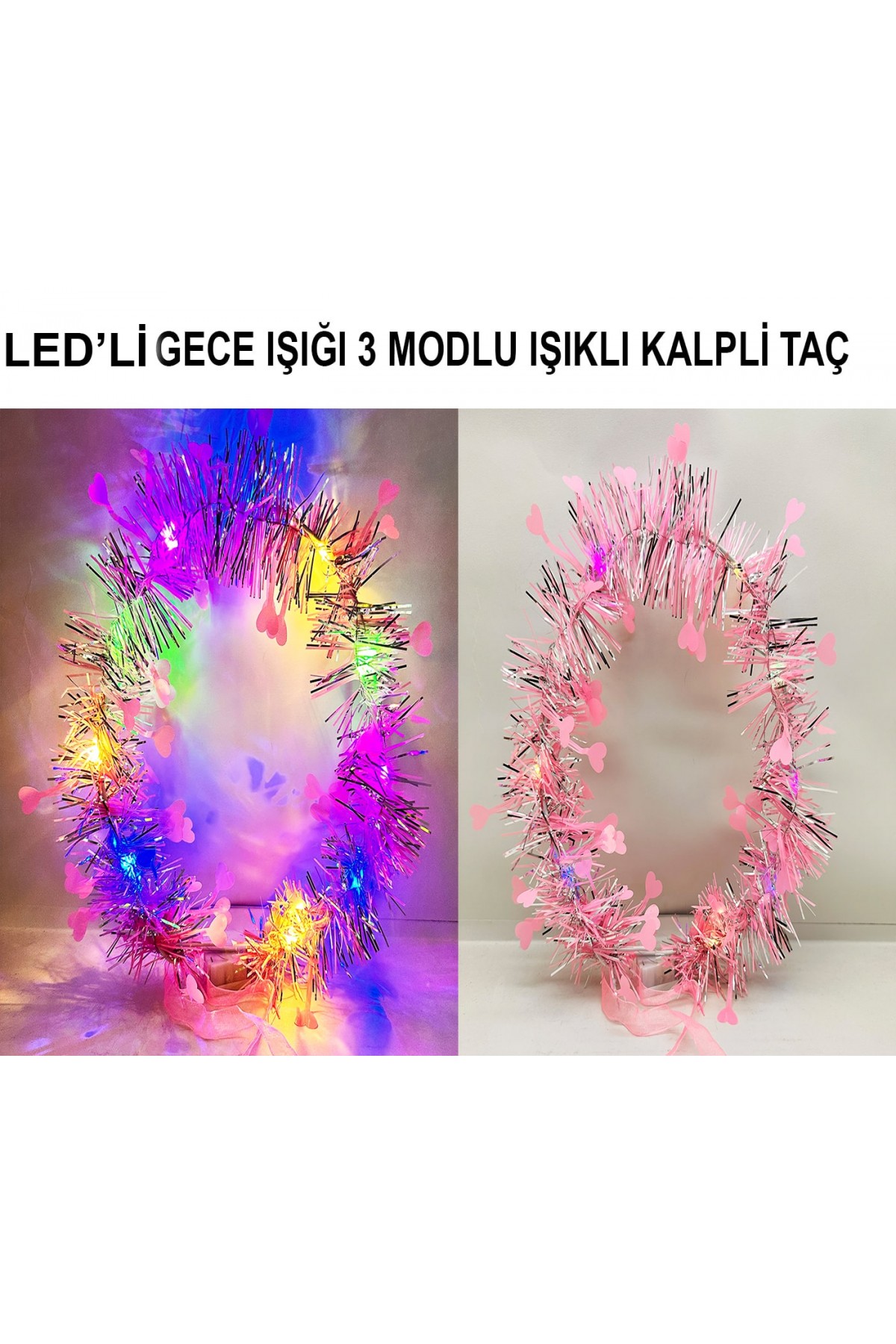 Kalp Püsküllü Gece Parıltısı 3 Modlu LED'li Işıklı Taç Pembe Renk Kalp Püsküllü Gece Parıltısı 3 Modlu LED'li Işıklı Taç Pembe Renk
