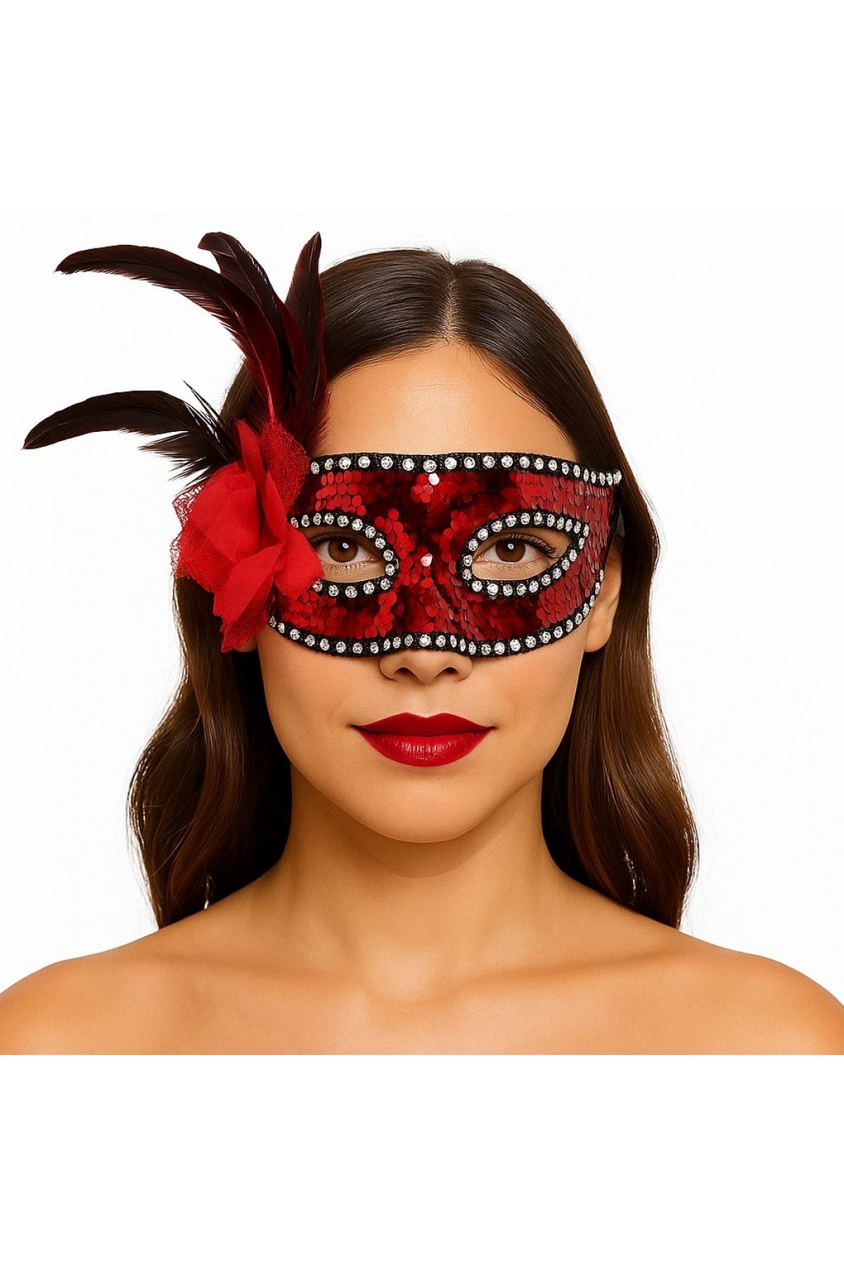 Kırmızı Renk Yandan Tüylü Güllü Gümüş Taşlı Pullu Maske 20x22 cm (Lisinya)
