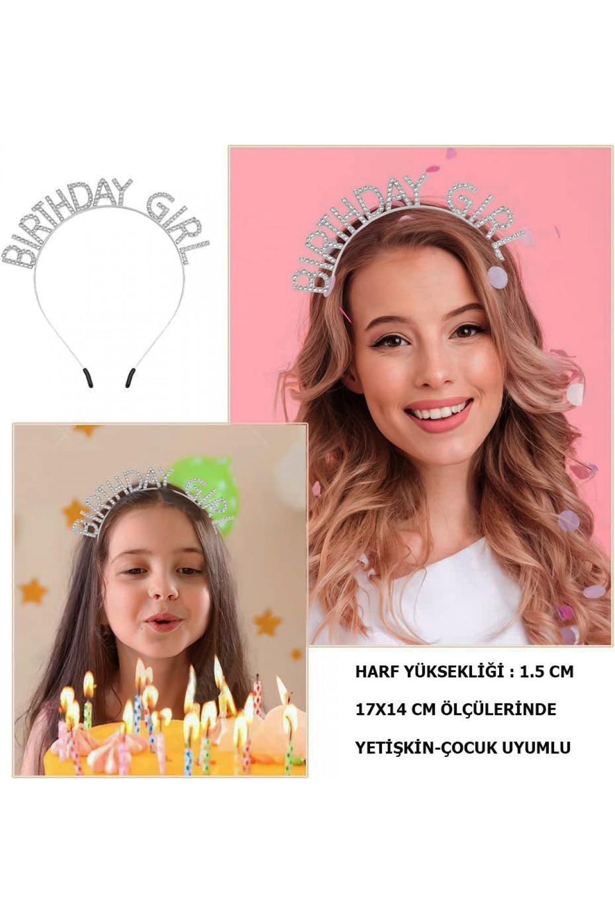 Kristal Taşlı Gümüş Birthday Girl Yazılı Doğum Günü Parti Tacı 19x11 cm (Lisinya)