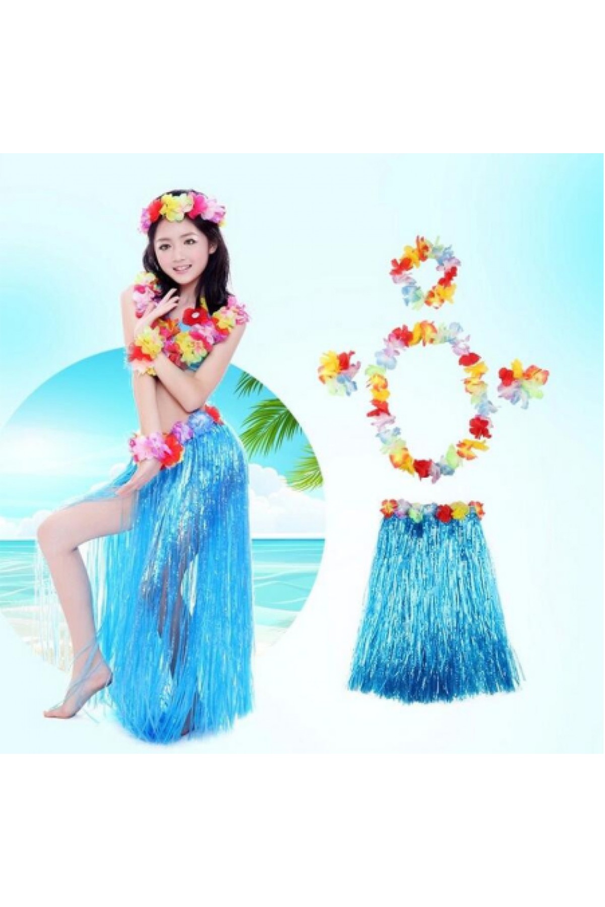 Luau Aloha Hawaii Partisi  Etek Taç ve Bileklik Seti Mavi (Lisinya)