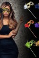 Lüks Taşlı Saplı Maskeli Balo Maskesi Altın Renk 35 cm