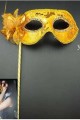 Lüks Taşlı Saplı Maskeli Balo Maskesi Altın Renk 35 cm