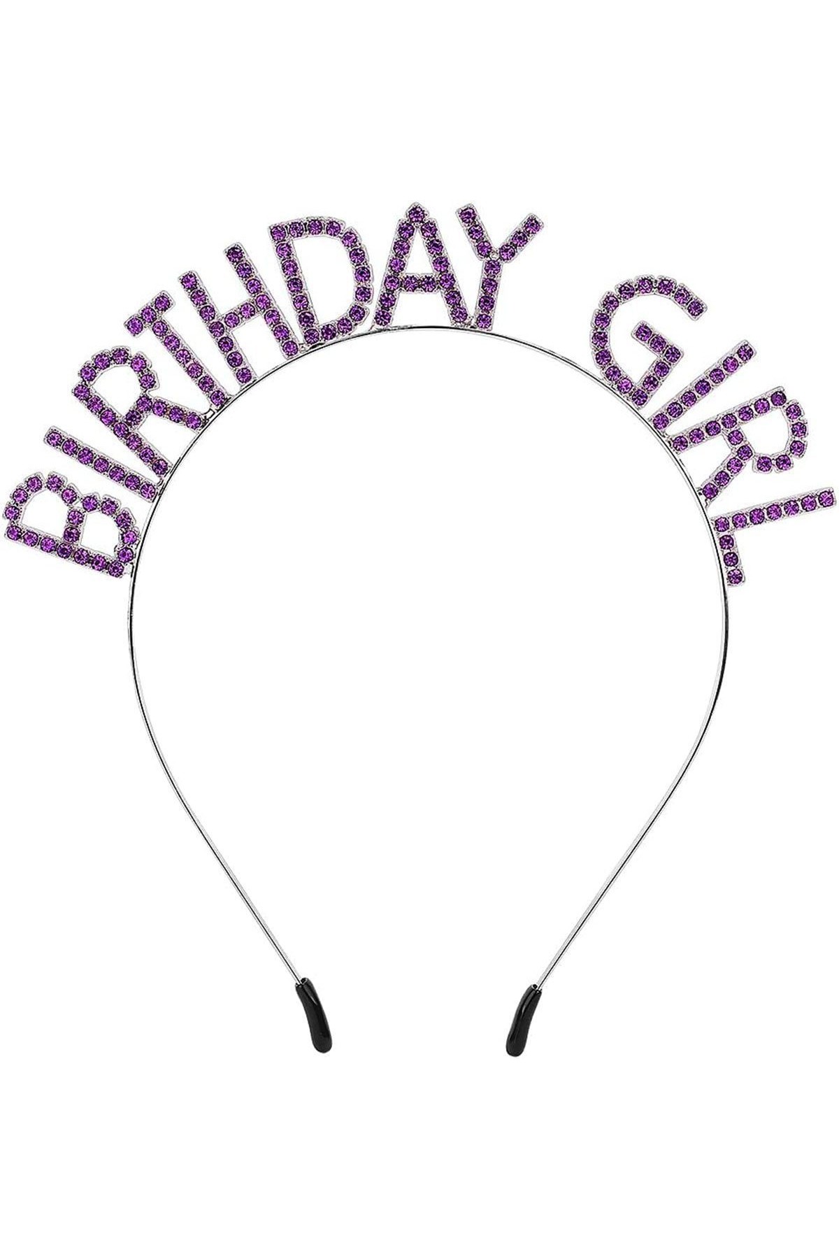 Mor Renk Kristal Taşlı Parlak Birthday Girl Yazılı Taç 16x17 cm (Lisinya)