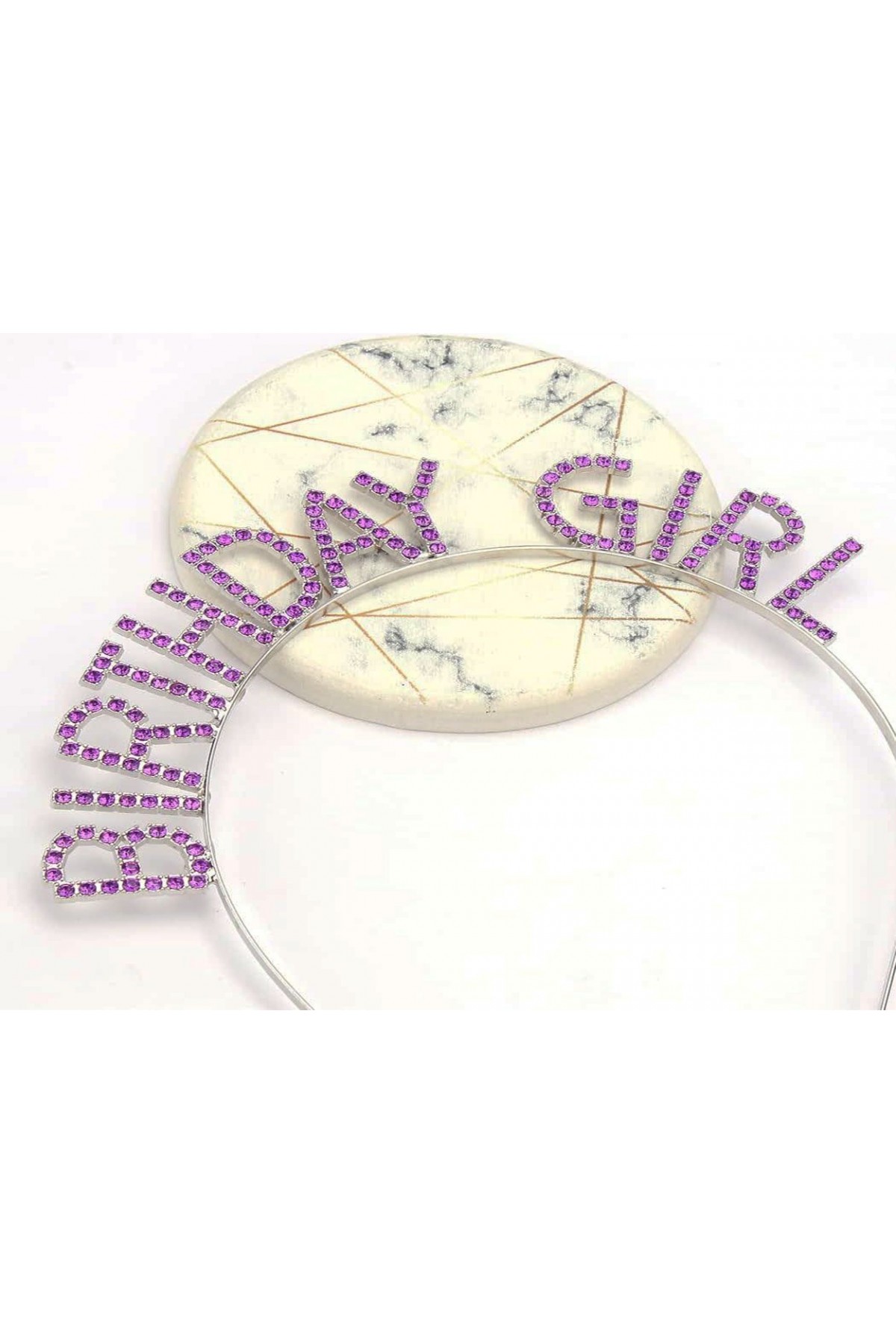Mor Renk Kristal Taşlı Parlak Birthday Girl Yazılı Taç 16x17 cm (Lisinya)