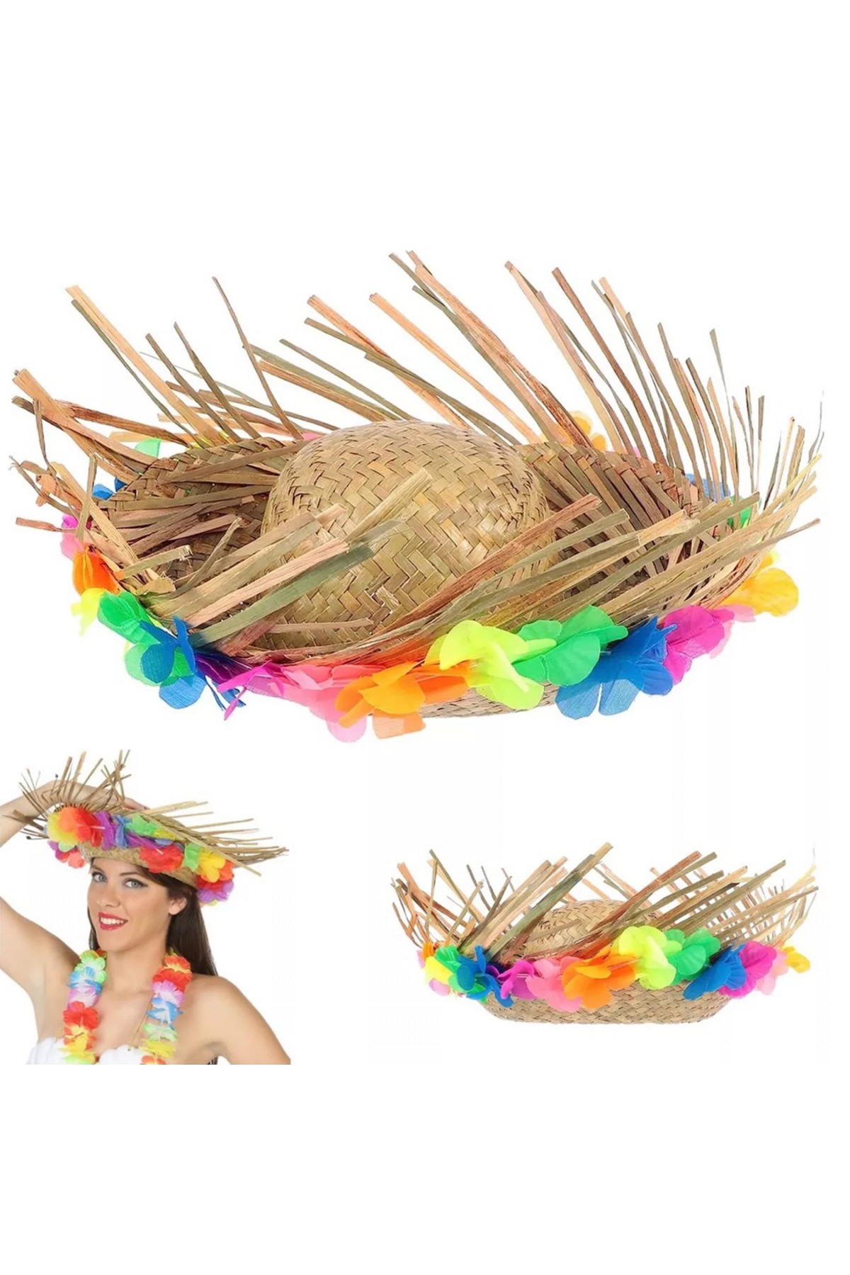 Naturel Renk Püsküllü Örme Hasır Hawaii Luau Aloha Şapka 13x36 cm