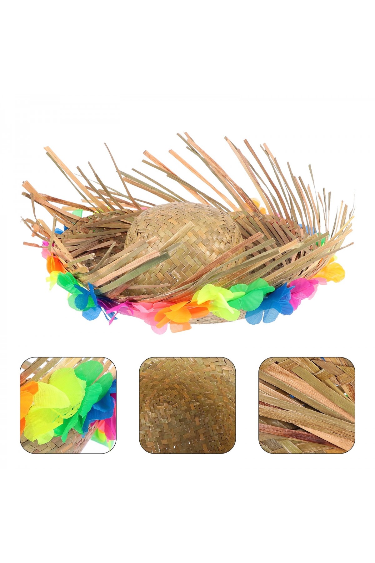 Naturel Renk Püsküllü Örme Hasır Hawaii Luau Aloha Şapka 13x36 cm