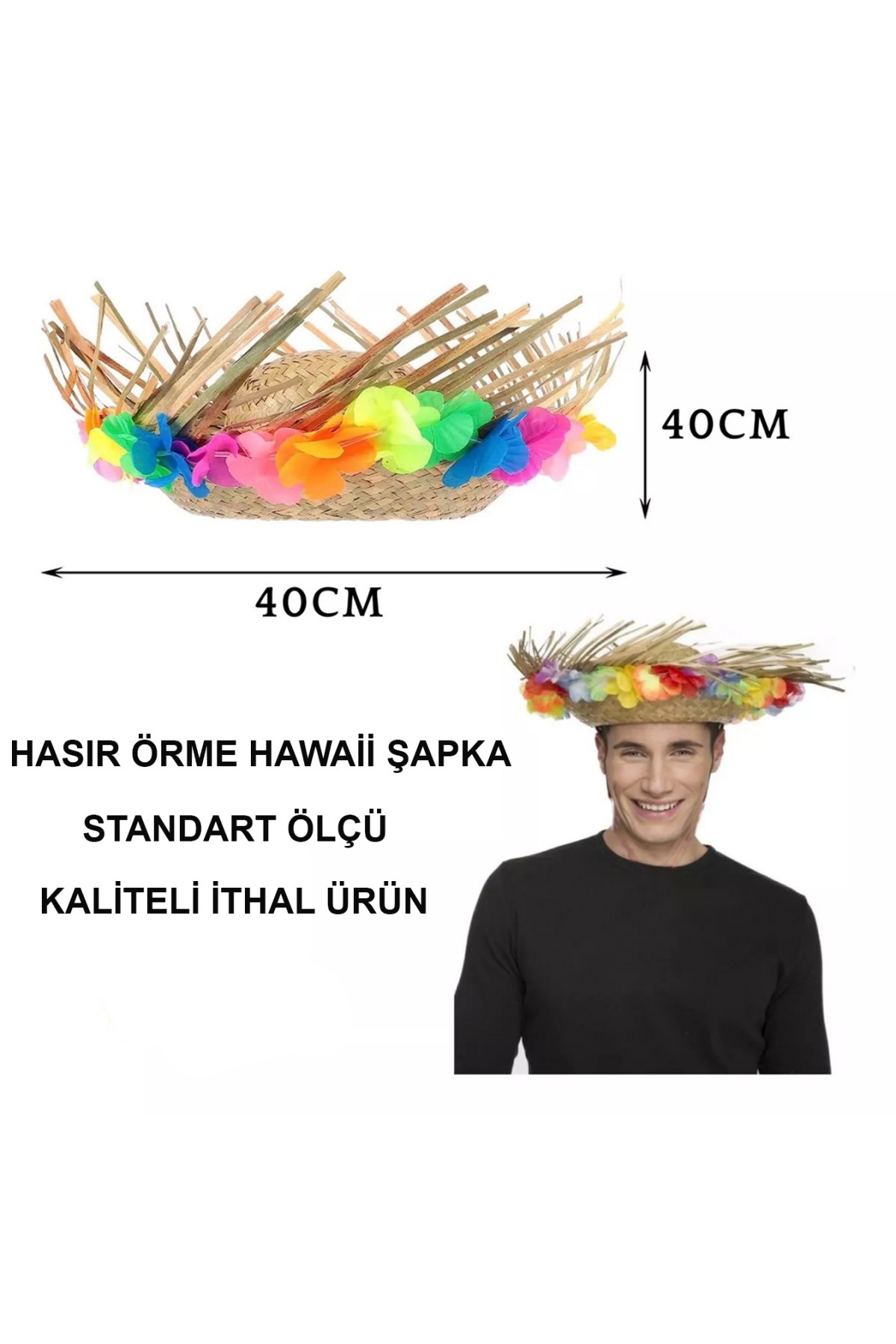Naturel Renk Püsküllü Örme Hasır Hawaii Luau Aloha Şapka 13x36 cm