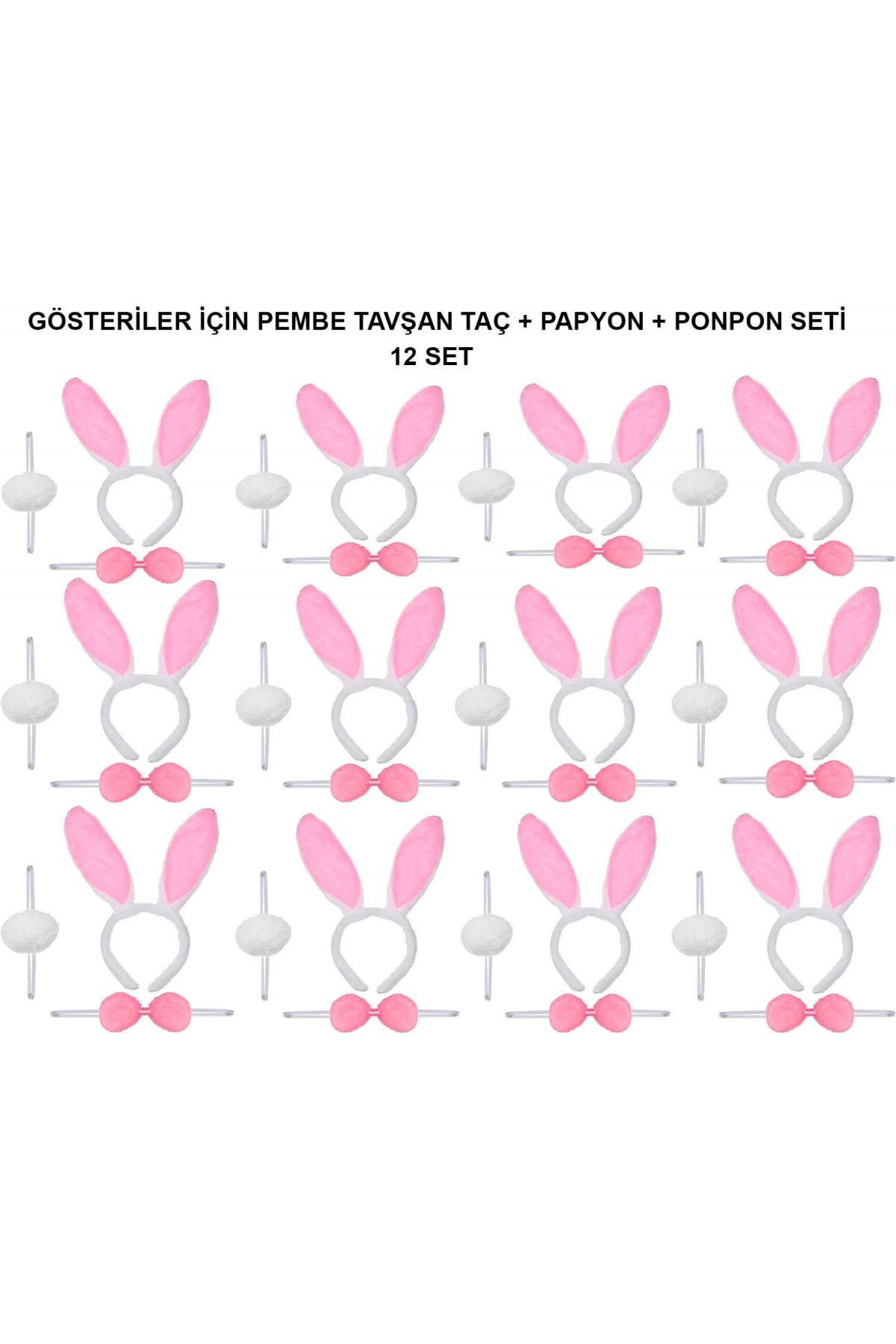 Pembe Tavşan Kostüm Seti – Taç, Papyon, Ponpon (12’li Paket) Pembe Tavşan Kostüm Seti – Taç, Papyon, Ponpon (12’li Paket)