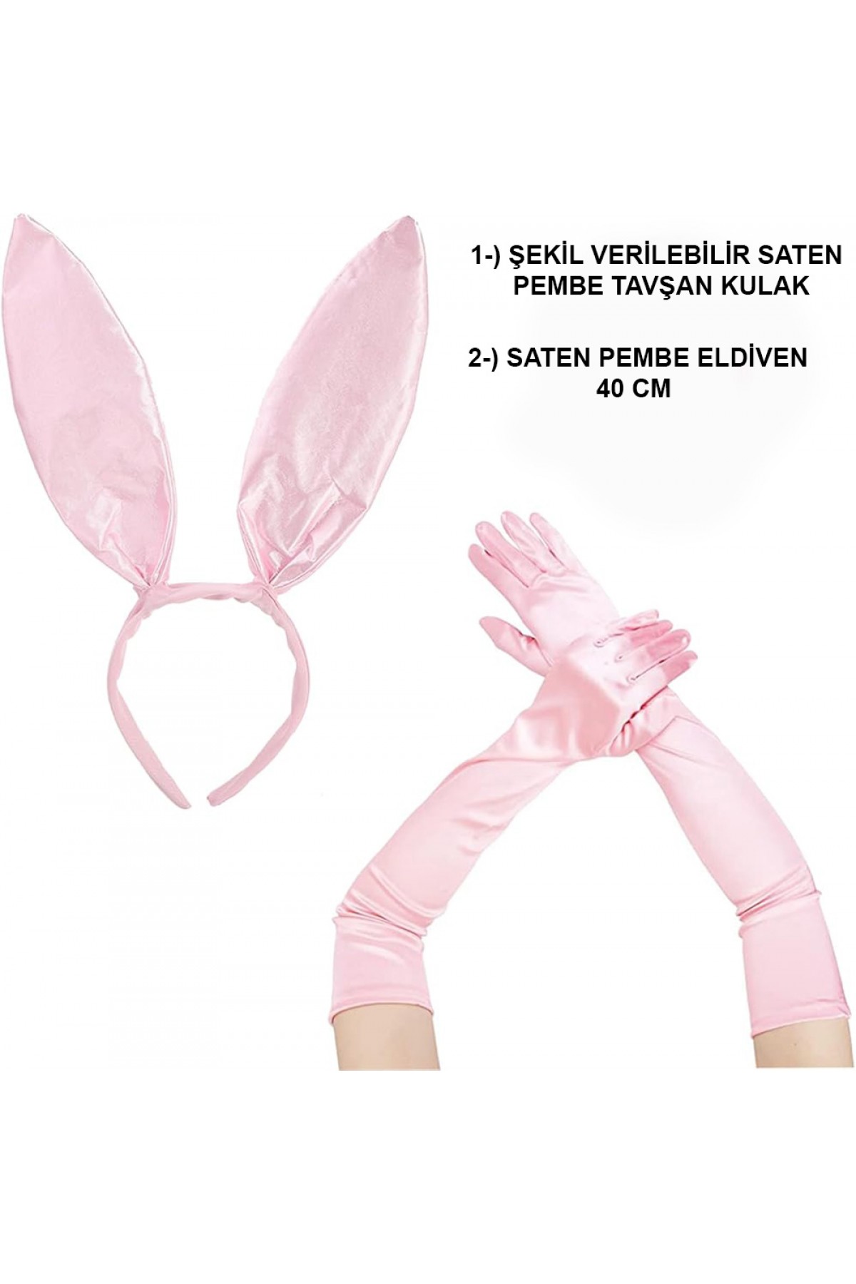 Saten Kaplama Soft Pembe Eldiven 40 cm ve Tavşan Kulak 2 li Set Saten Kaplama Soft Pembe Eldiven 40 cm ve Tavşan Kulak 2 li Set
