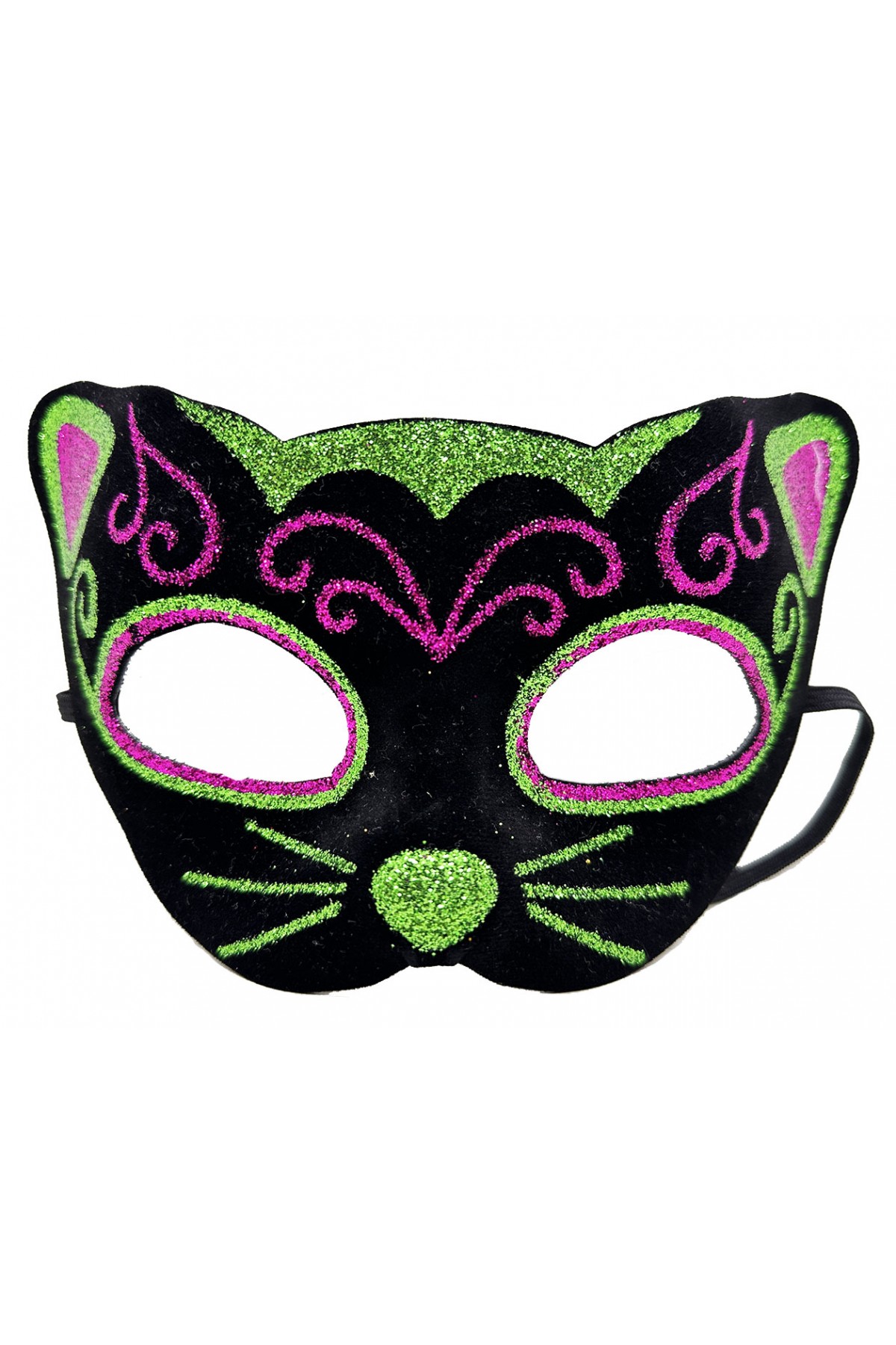 Siyah Kadife Kaplama Üzeri Pembe Yeşil Sim İşlemeli Kedi Maskesi 20x13 cm (Lisinya)