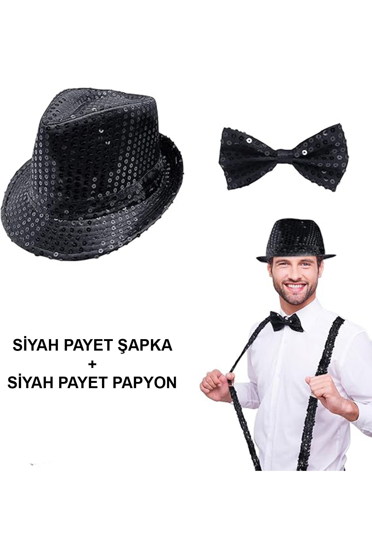 Siyah Payetli Şapka ve Papyon Seti – Parıltılı Yetişkin Kostüm Seti Siyah Payetli Şapka ve Papyon Seti – Parıltılı Yetişkin Kostüm Seti