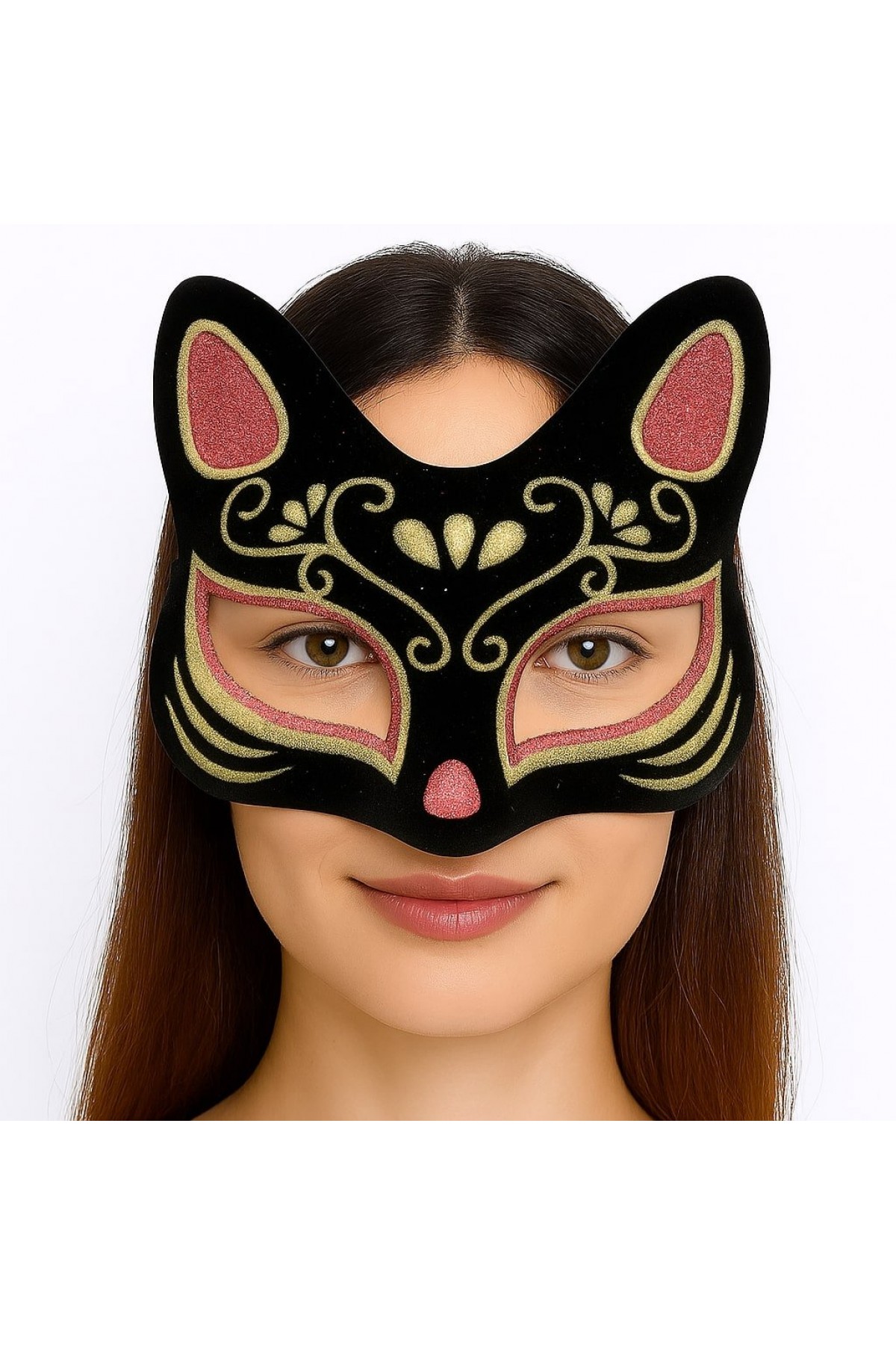 Siyah Renk Süet Kaplama Üzeri Kırmızı Sarı Simli Kedi Maskesi 17x14 cm (Lisinya)