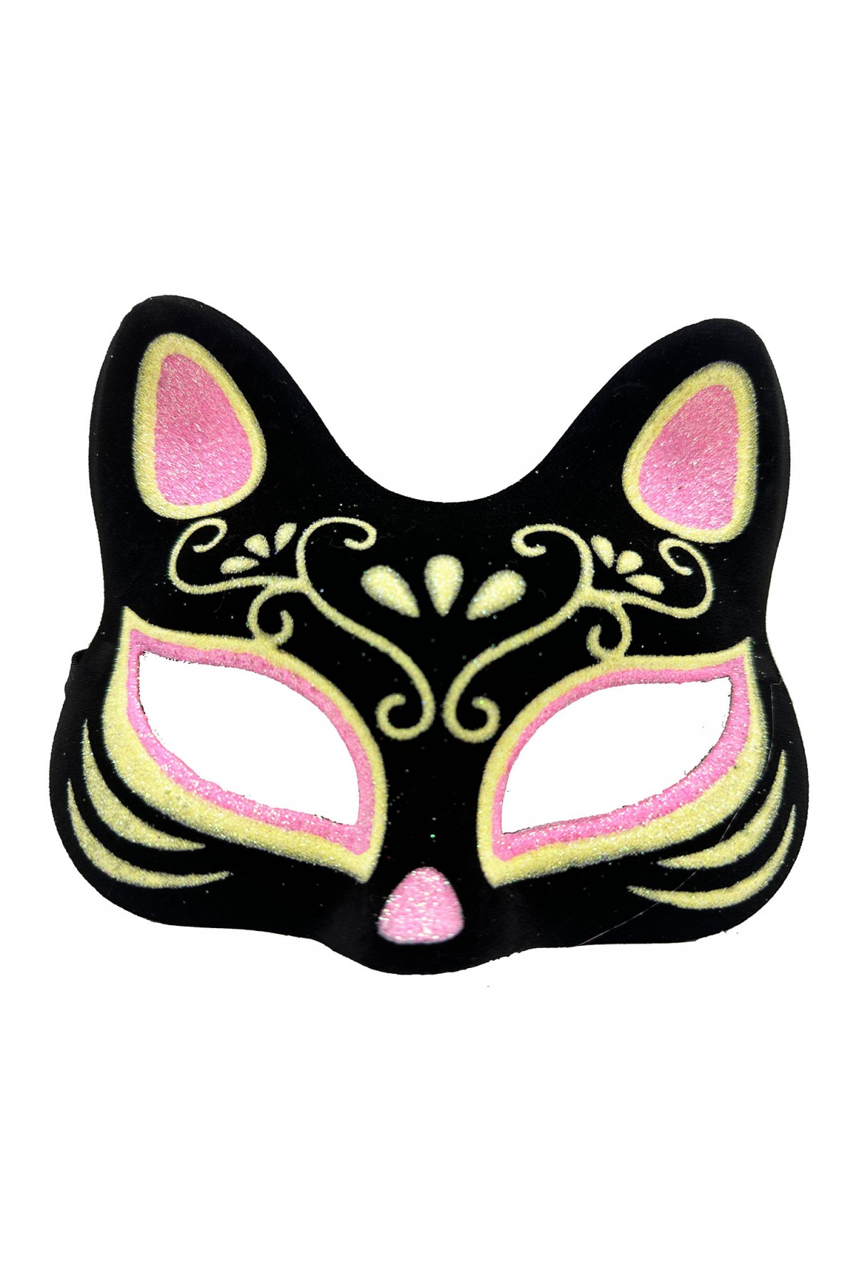 Siyah Renk Süet Kaplama Üzeri Pembe Sarı Simli Kedi Maskesi 17x14 cm (Lisinya)