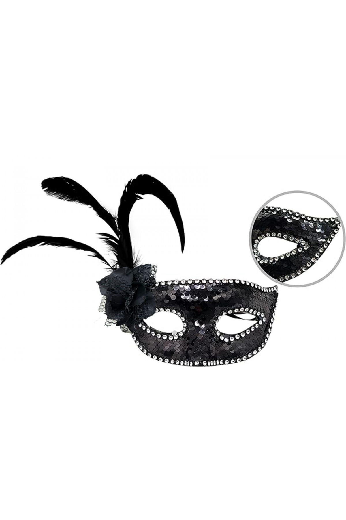 Siyah Renk Yandan Tüylü Güllü Gümüş Taşlı Pullu Maske 20x22 cm (Lisinya)