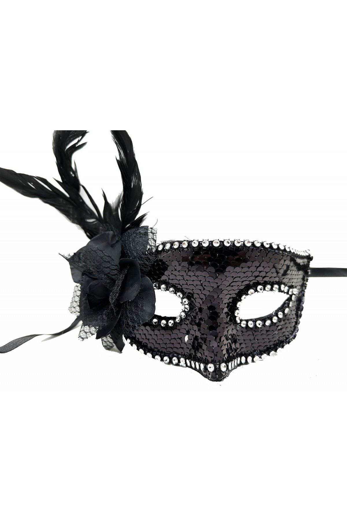Siyah Renk Yandan Tüylü Güllü Gümüş Taşlı Pullu Maske 20x22 cm (Lisinya)