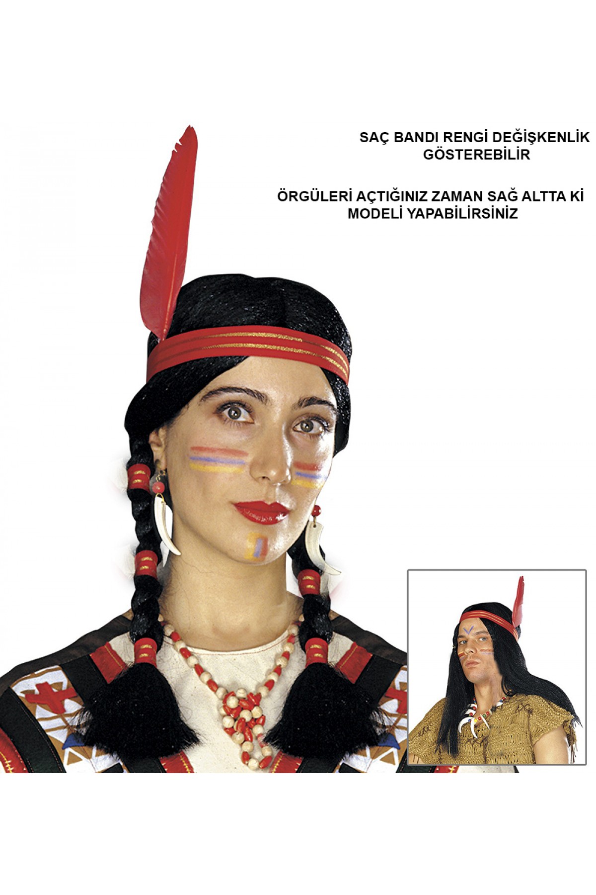 Tüylü Örgülü Hint Peruğu Kızılderili Peruğu Tüylü Örgülü Hint Peruğu Kızılderili Peruğu