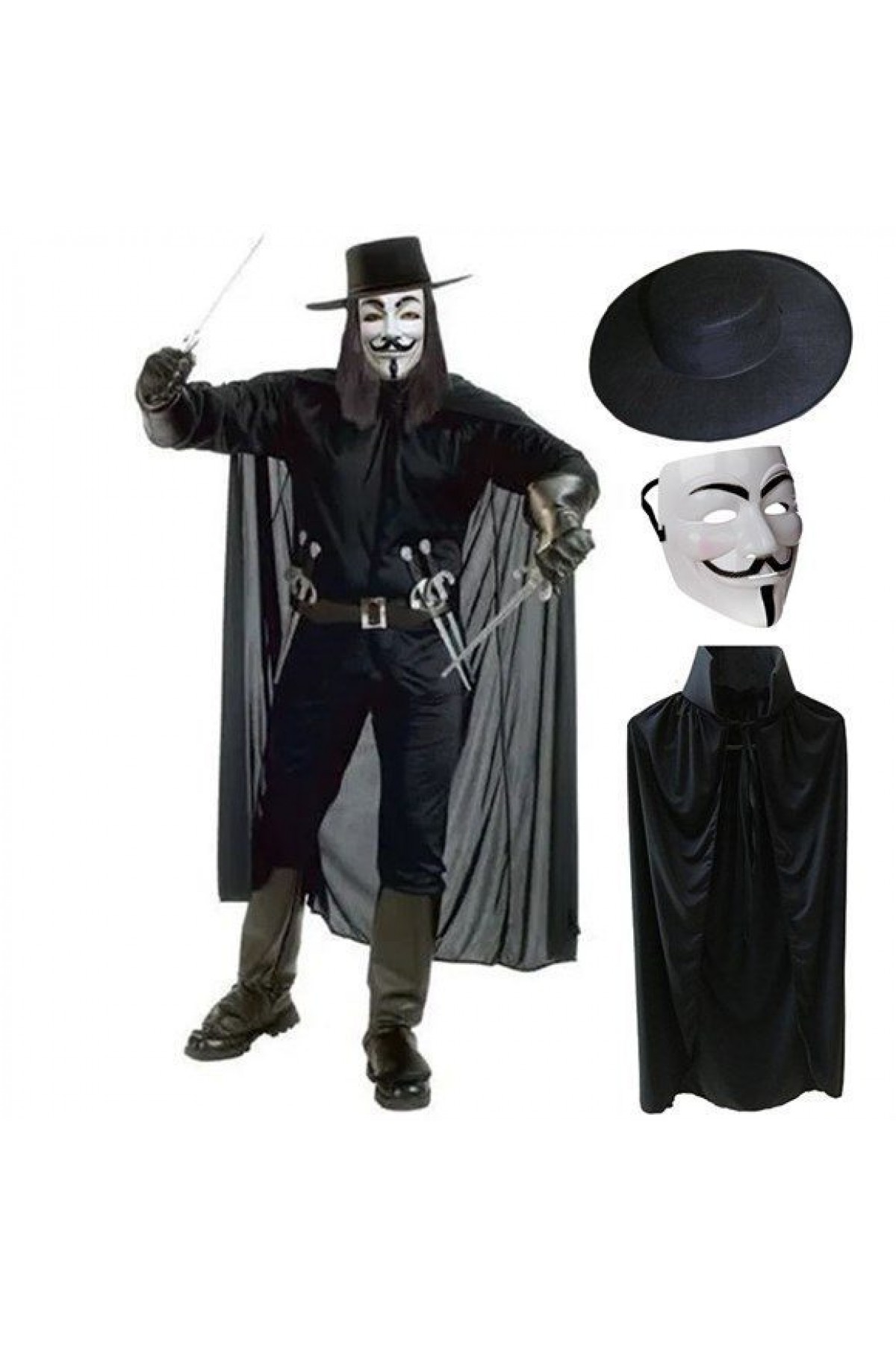V For Vendetta Maskesi Şapkası ve Pelerin Kostüm Seti Yetişkin Boy (Lisinya)