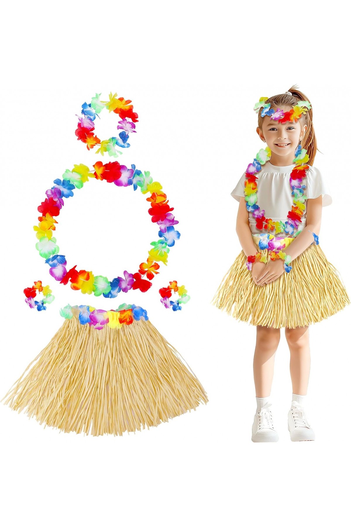 Yetişkin Çocuk Hawaii Parti Seti - 40 cm Naturel Etek + Çiçek Aksesuarlar (5 Parça)