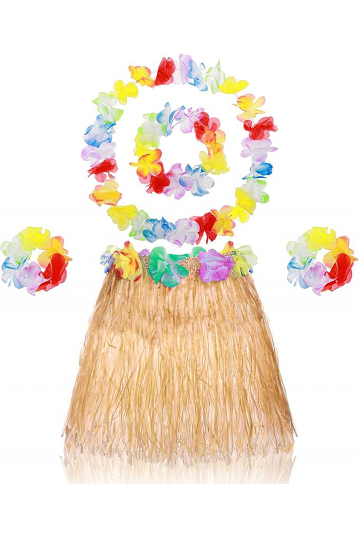 Yetişkin Çocuk Hawaii Parti Seti - 40 cm Naturel Etek + Çiçek Aksesuarlar (5 Parça)