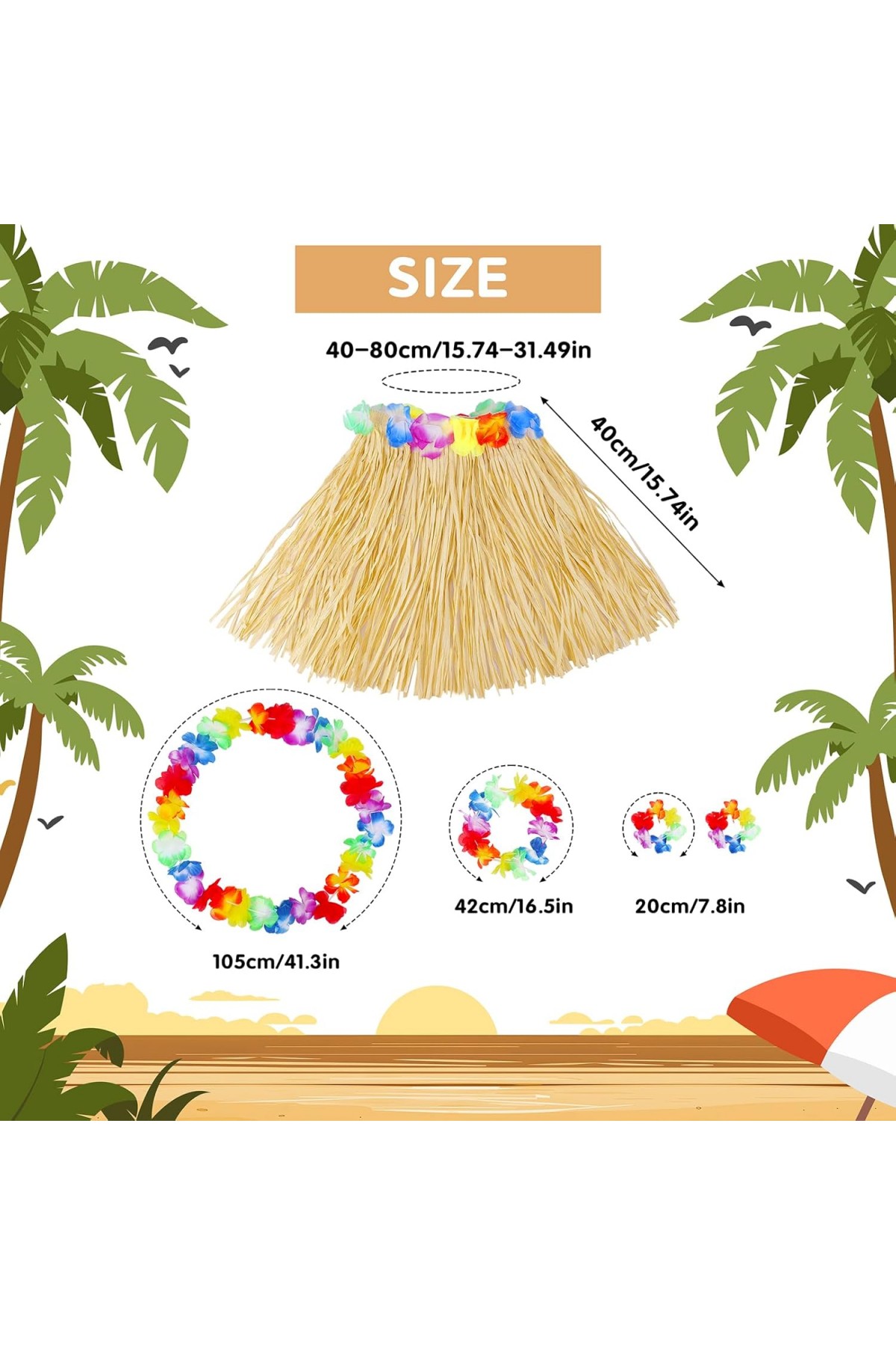 Yetişkin Çocuk Hawaii Parti Seti - 40 cm Naturel Etek + Çiçek Aksesuarlar (5 Parça)