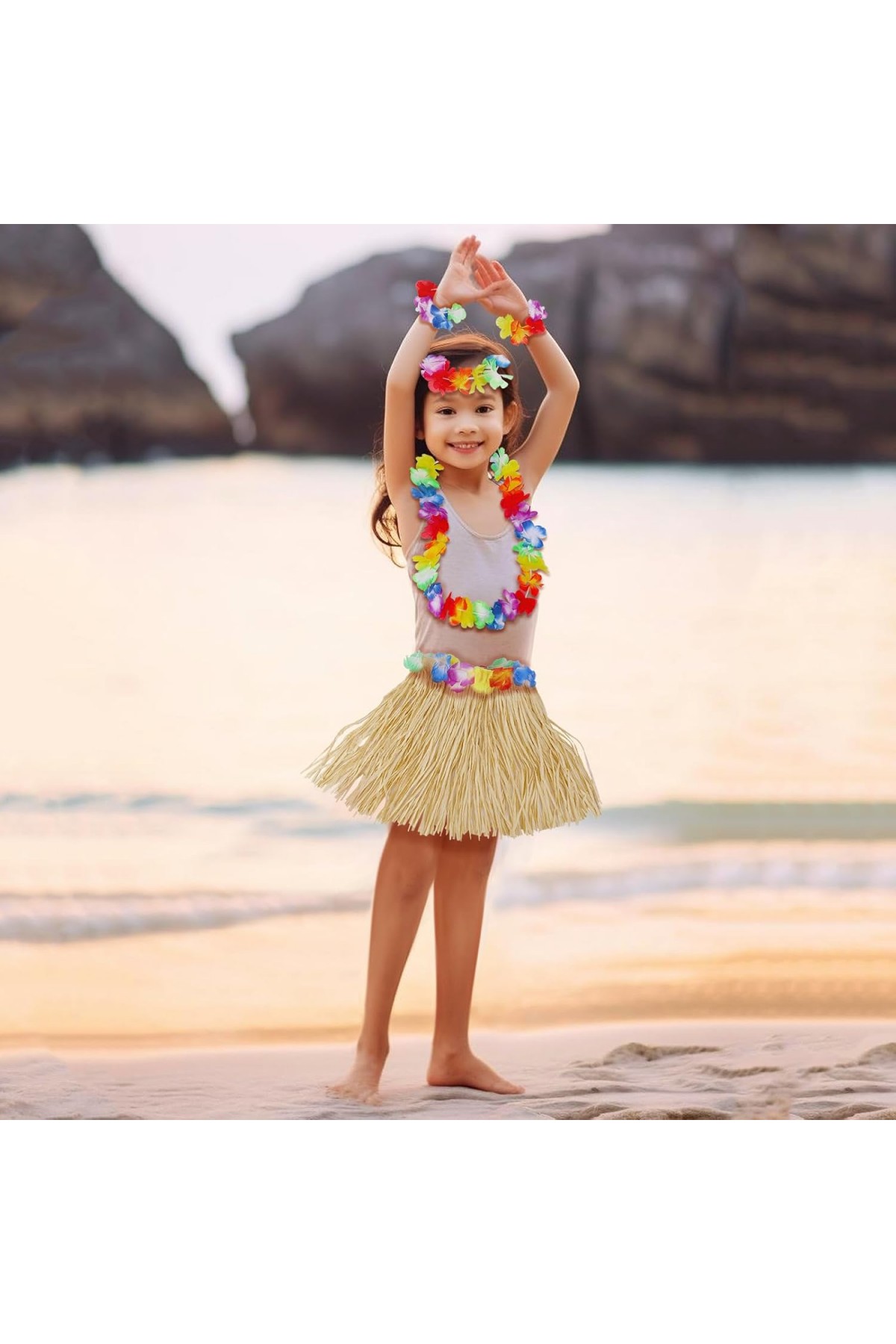 Yetişkin Çocuk Hawaii Parti Seti - 40 cm Naturel Etek + Çiçek Aksesuarlar (5 Parça)