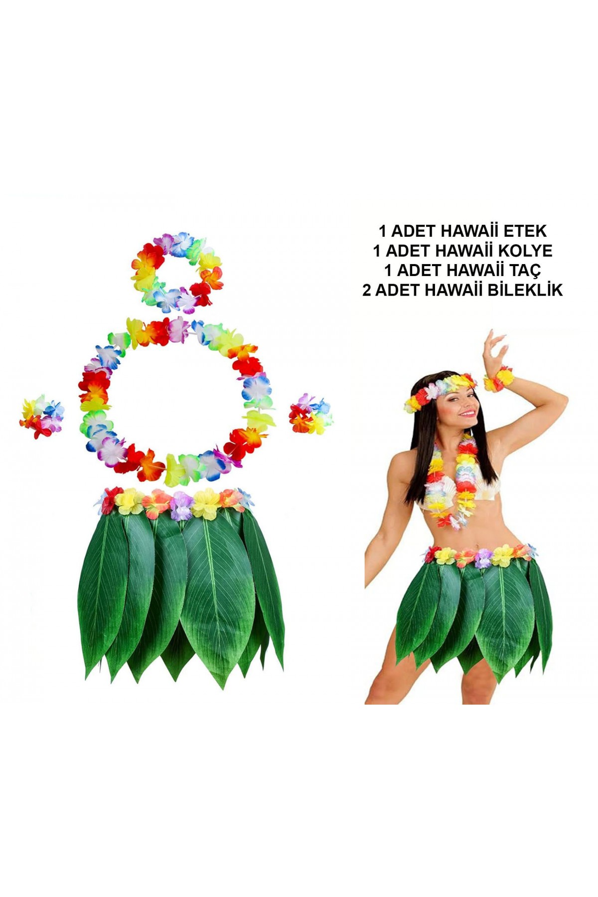 Yetişkin Hawaii Kostüm Seti - Yaprak Etek & Hawaii Set - 5 Parça Yetişkin Hawaii Kostüm Seti - Yaprak Etek & Hawaii Set - 5 Parça