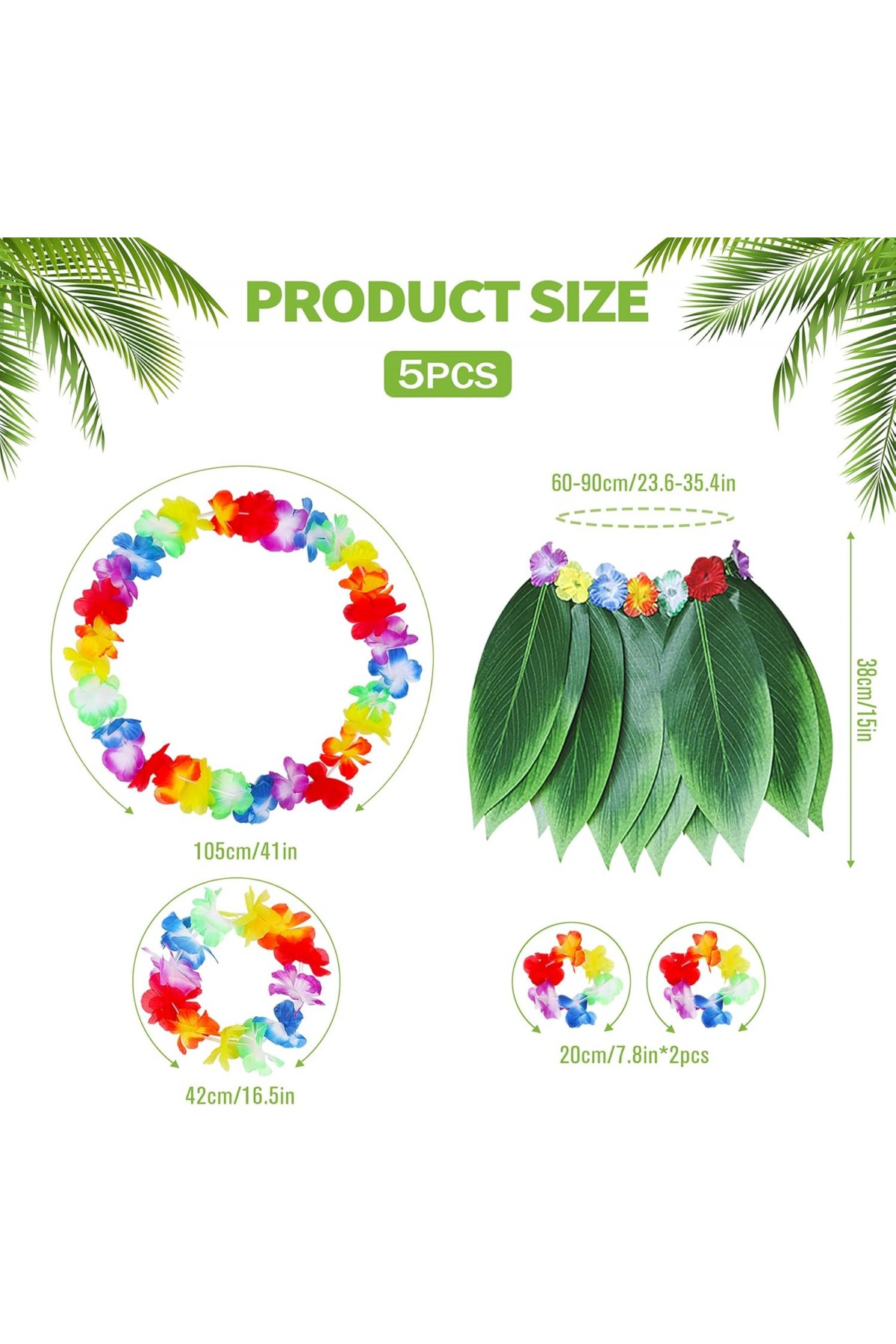 Yetişkin Hawaii Kostüm Seti - Yaprak Etek & Hawaii Set - 5 Parça Yetişkin Hawaii Kostüm Seti - Yaprak Etek & Hawaii Set - 5 Parça