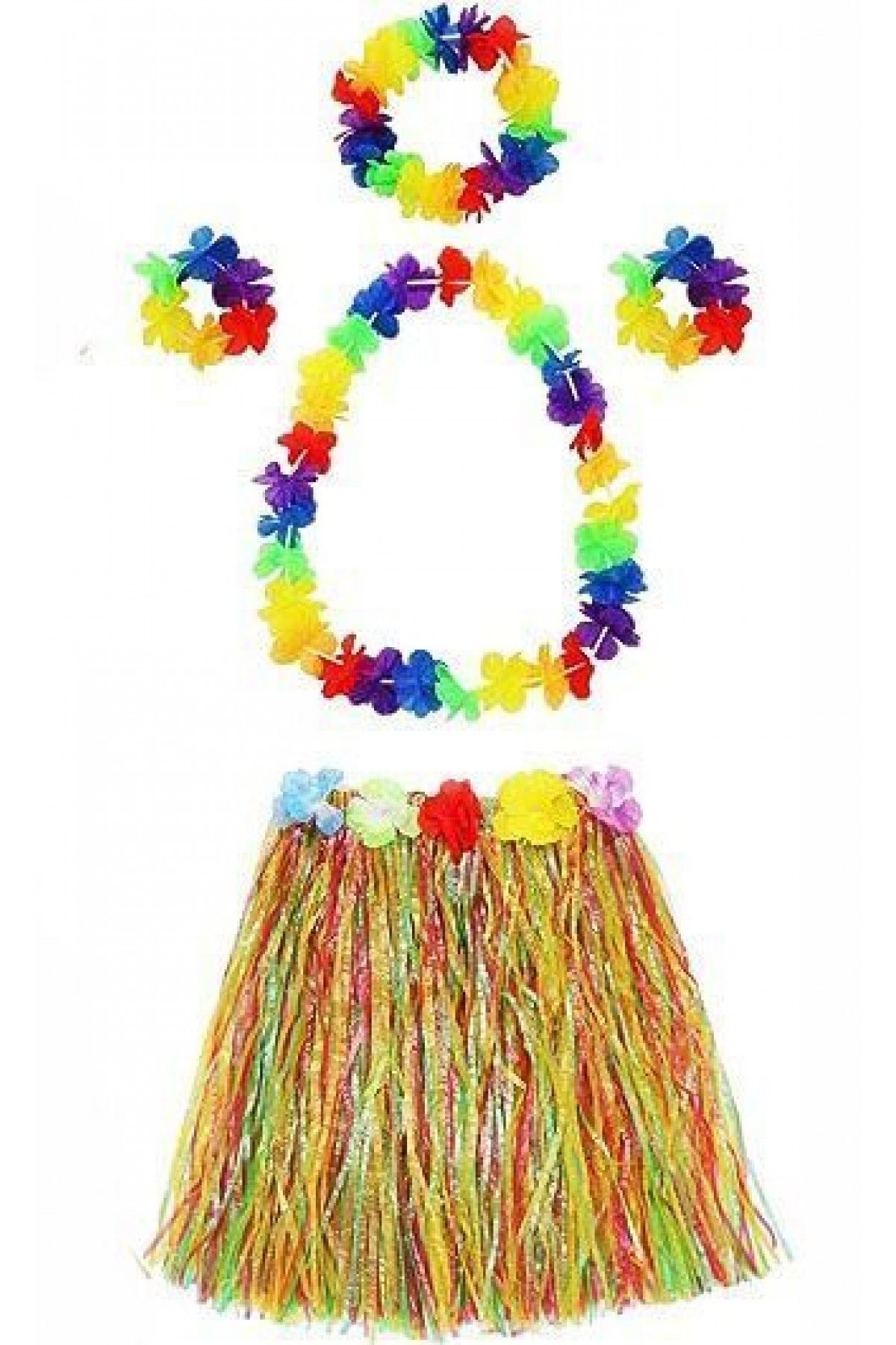 Yetişkin ve Çocuk Uyumlu Luau Aloha Hawaii  Kolye Renkli Etek Taç ve Bileklik Seti (Lisinya)